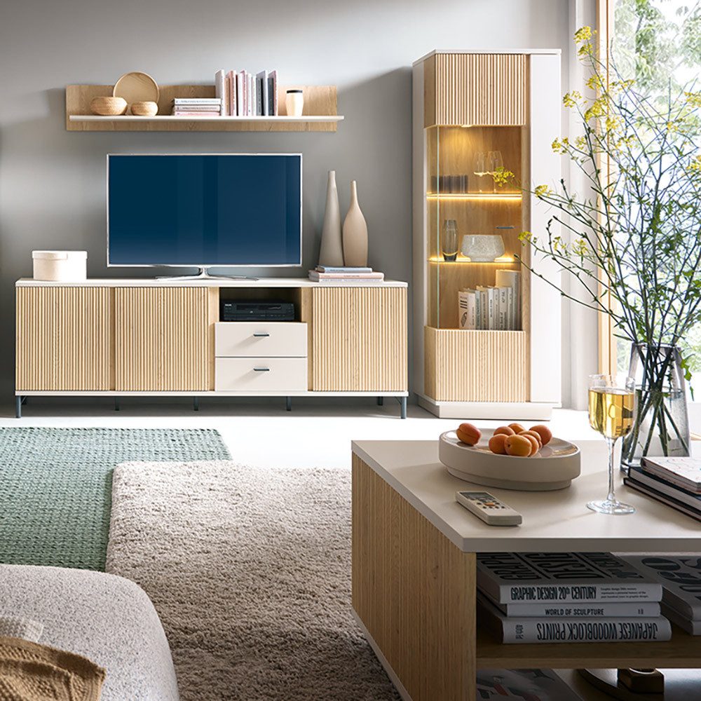 Lomadox Wohnzimmer-Set MOLINA-129, (Mega-Spar-Set, 4-St., Lowboard Vitrine Couchtisch Wandregal), Wohnzimmermöbel in Eiche & kaschmir mit Softclose & LED-Beleuchtung