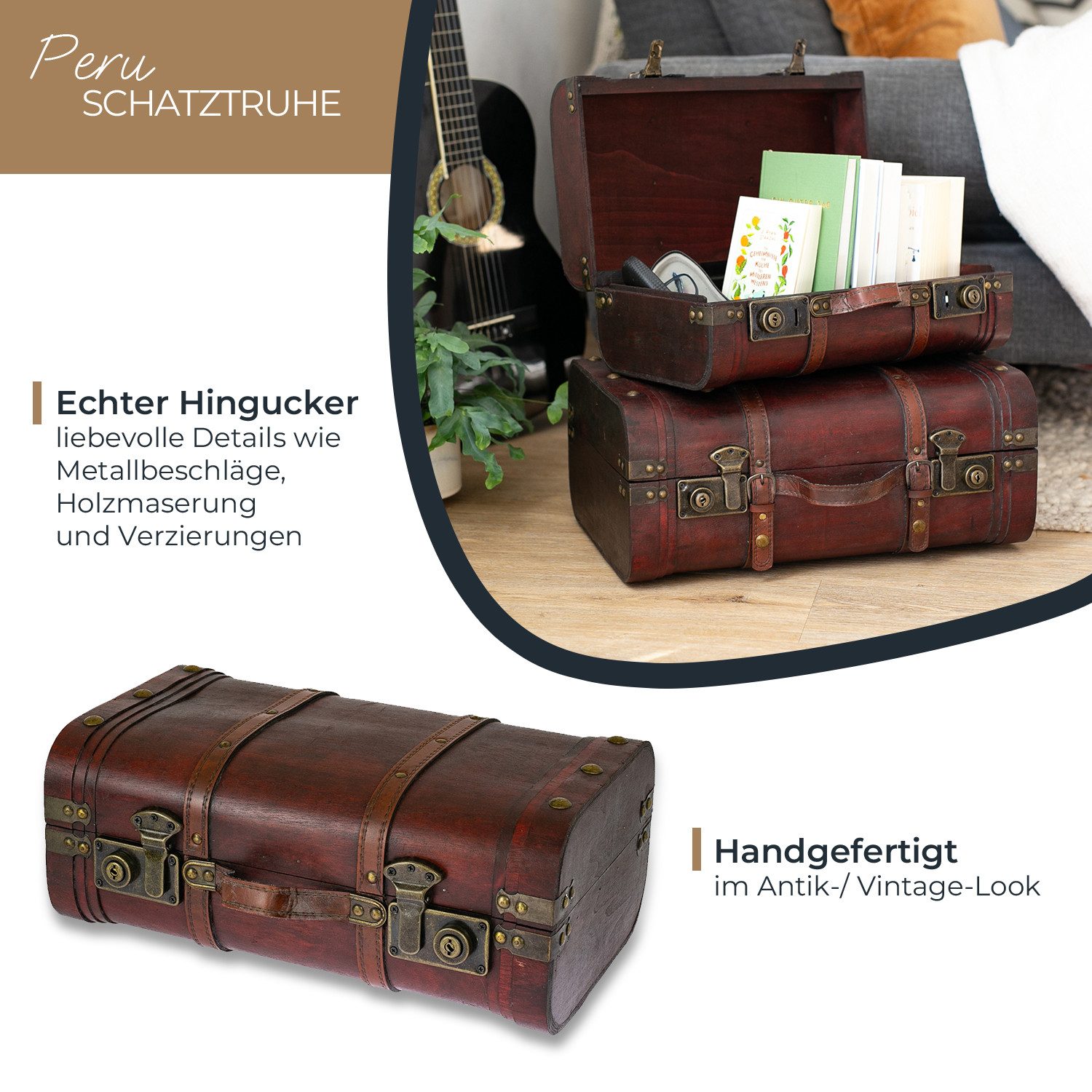 HMF Schatzkiste Schatztruhe aus Holz große Schatzkiste mit Schnappverschlüssen Vintage (1 St), Koffer für Kindergeburtstag Hochzeit Jubiläum 40 x 23,5 x 16,5 cm Peru
