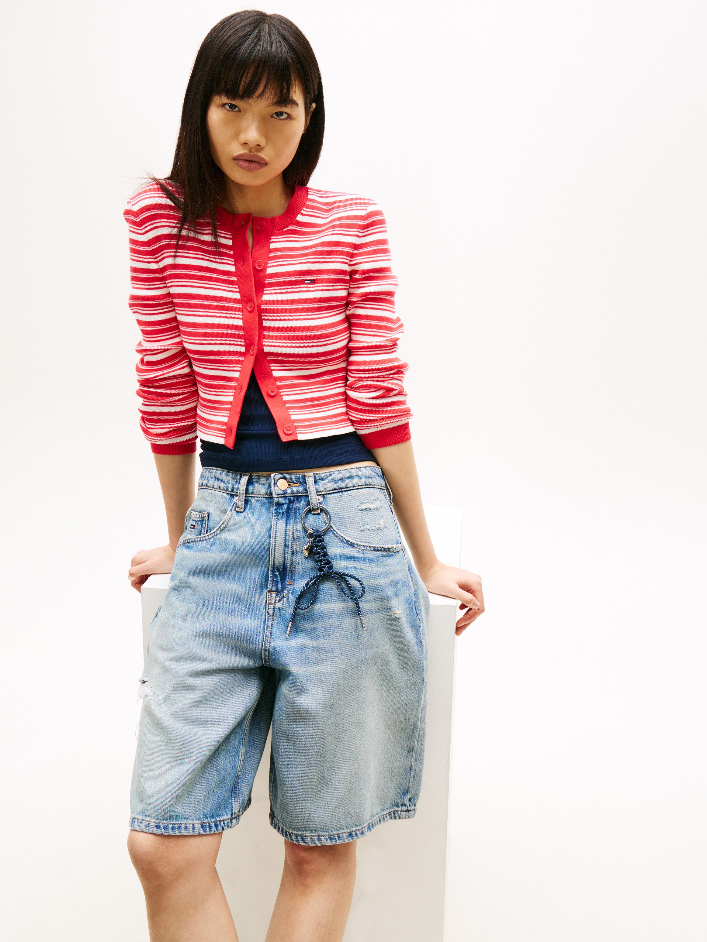 Tommy Jeans Strickjacke TJW CREW NECK STRIPE CARDI EXT reine Baumwolle, Streifen Look