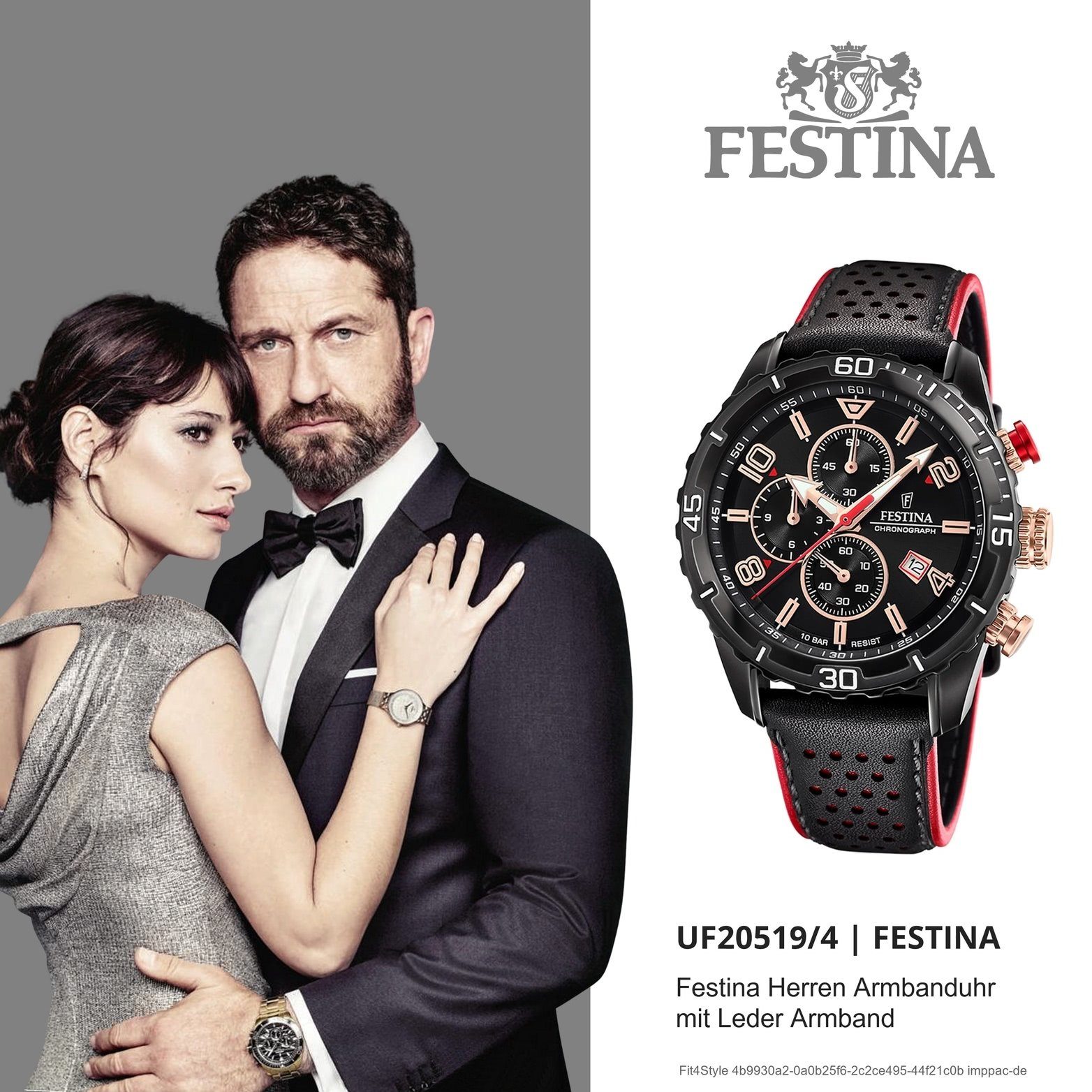 Uhr Leder F20519/4, groß schwarz, Herren Festina rund, Quarzuhr Festina Herrenuhr (ca. Lederarmband 45mm)