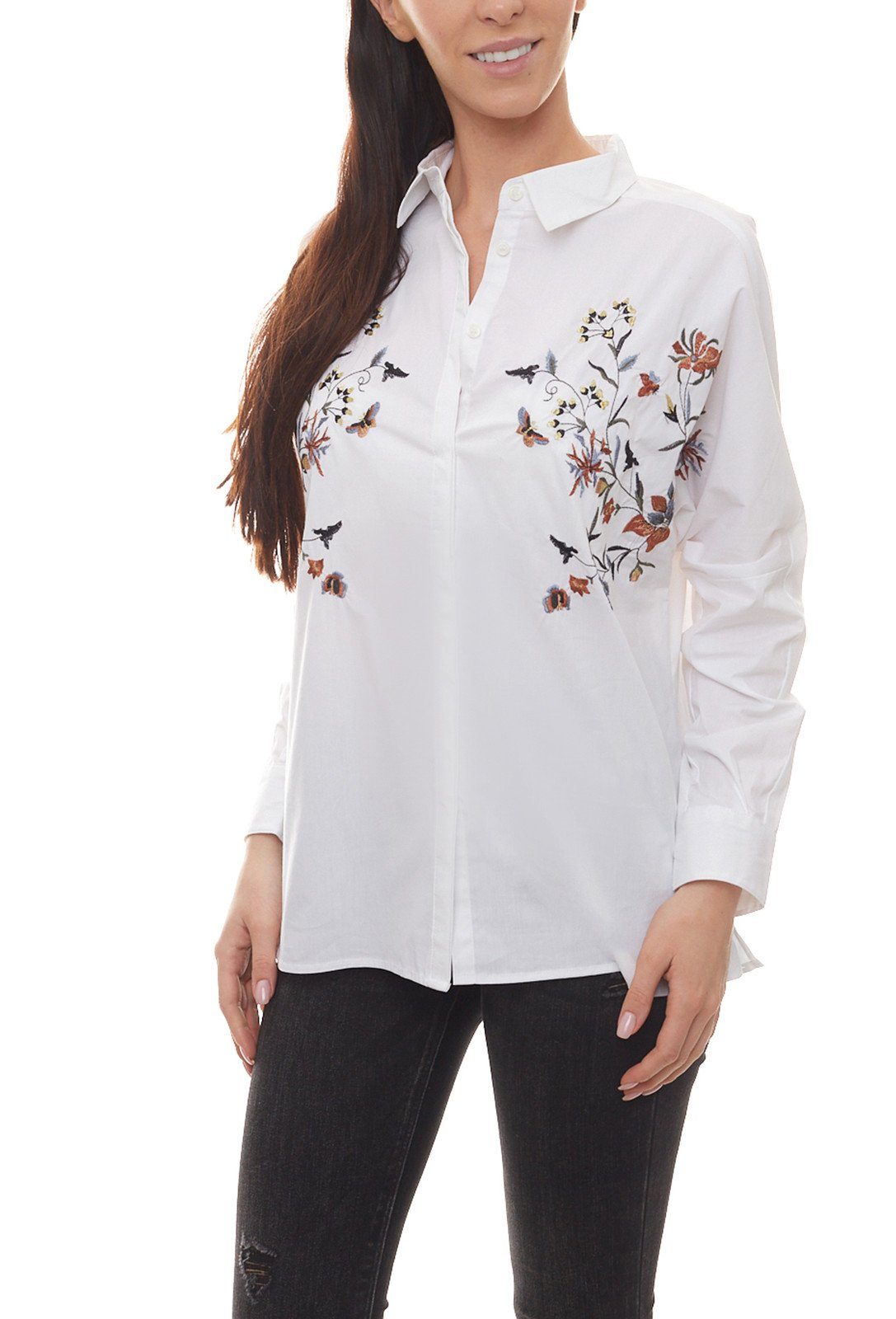 CLAIRE WOMAN Blusentop CLAIRE WOMAN Bluse glänzende Damen Sommer-Bluse mit  langen Ärmeln und Stickereien Freizeit-Bluse Weiß