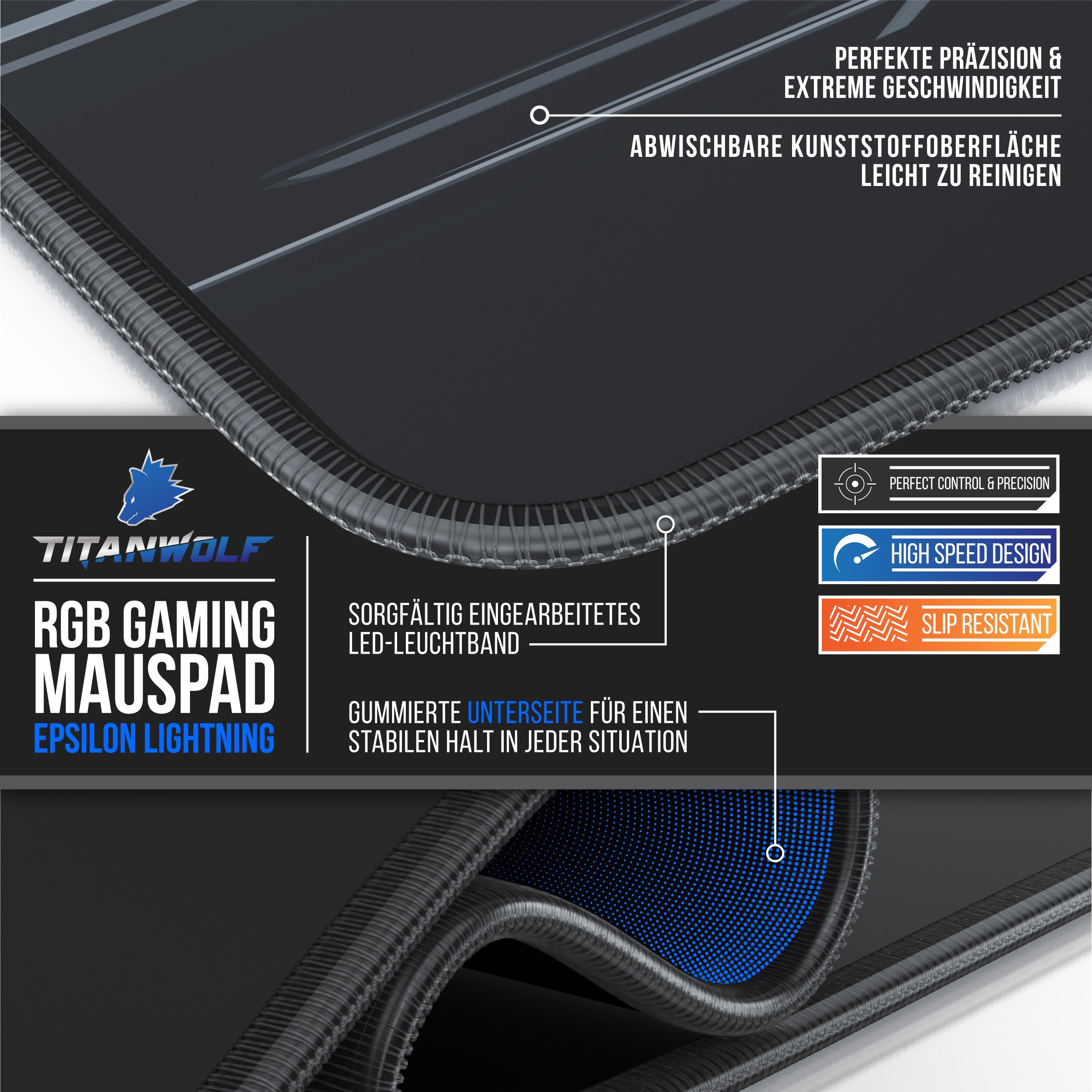 Titanwolf Gaming Mauspad RGB Mousepad 900 x 400 x 3 mm, LED Multi Color XXL Tischunterlage, rutschfest, abwaschbar, Geschwindigkeit & Präzision, Brüllender Wolf