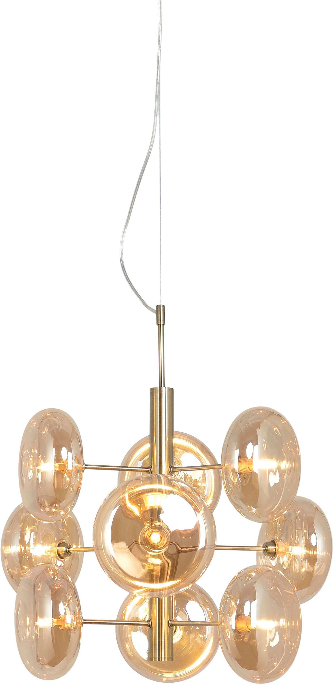 näve Pendelleuchte Orion, ohne Leuchtmittel, messing-matt, 9 flachen Rundgläser in amber, exkl. G9, Höhe 55cm