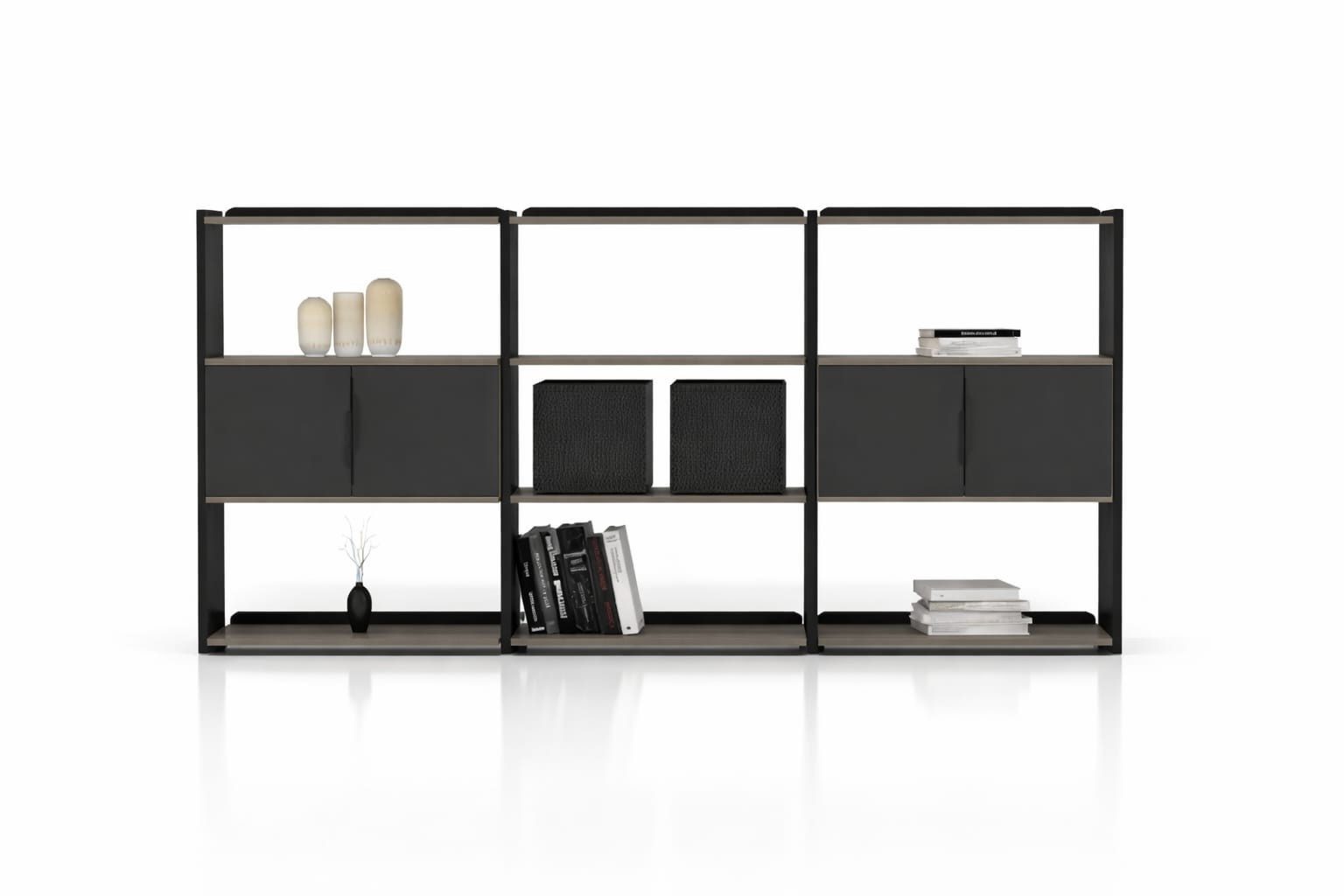 Xlmoebel Bücherregal Modernes schwarzes Designer-Bücherregal mit 9 Fächern und Türen, Made in Europa