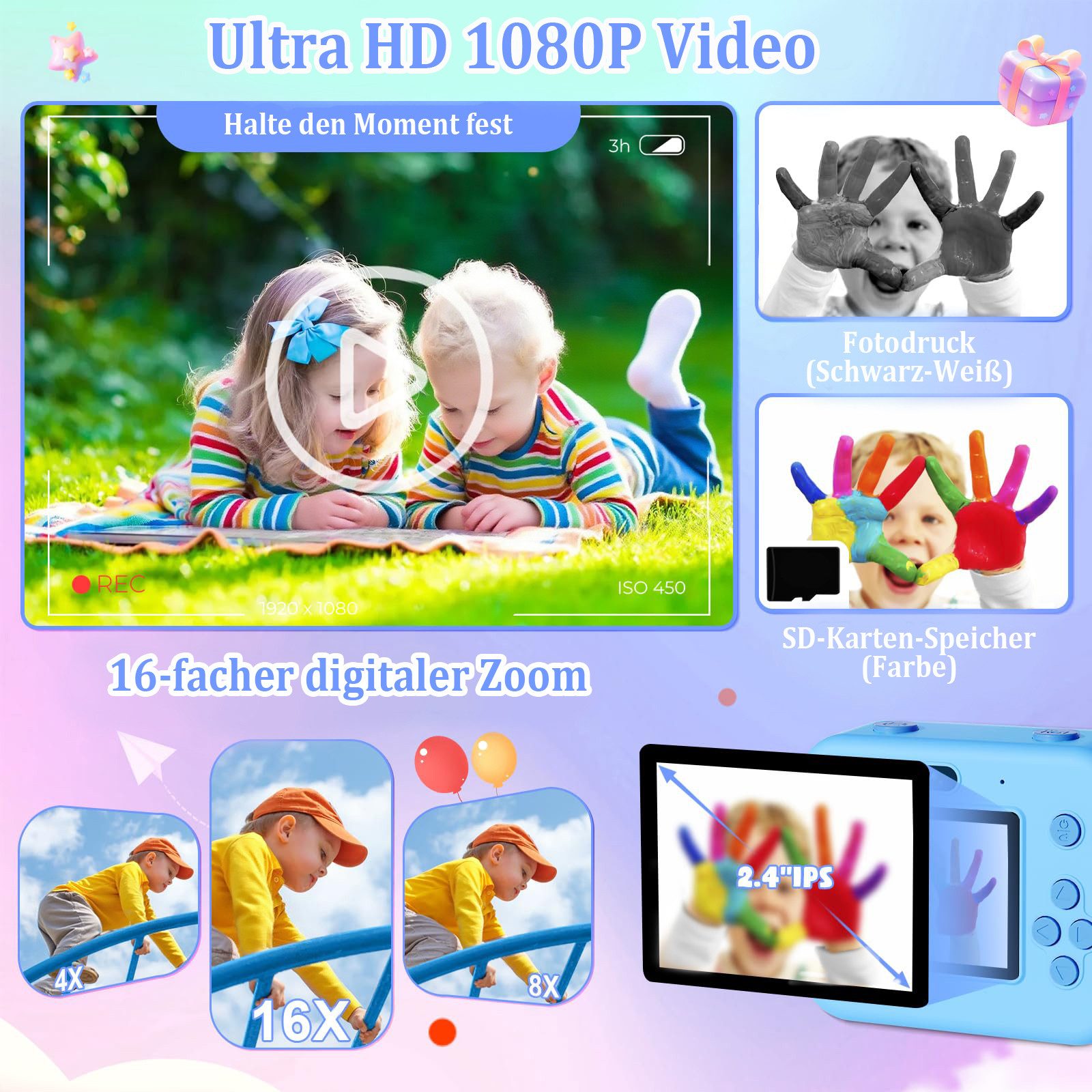 Coonoor 1080P HD Sofortbildkamera für Kinder, Digitalkamera für Kinder, Sofortbildkamera (inkl. Enthält Druckpapier, 32G TF-Karte, bunte Stifte, niedliche Aufkl – Bild 5 von 5