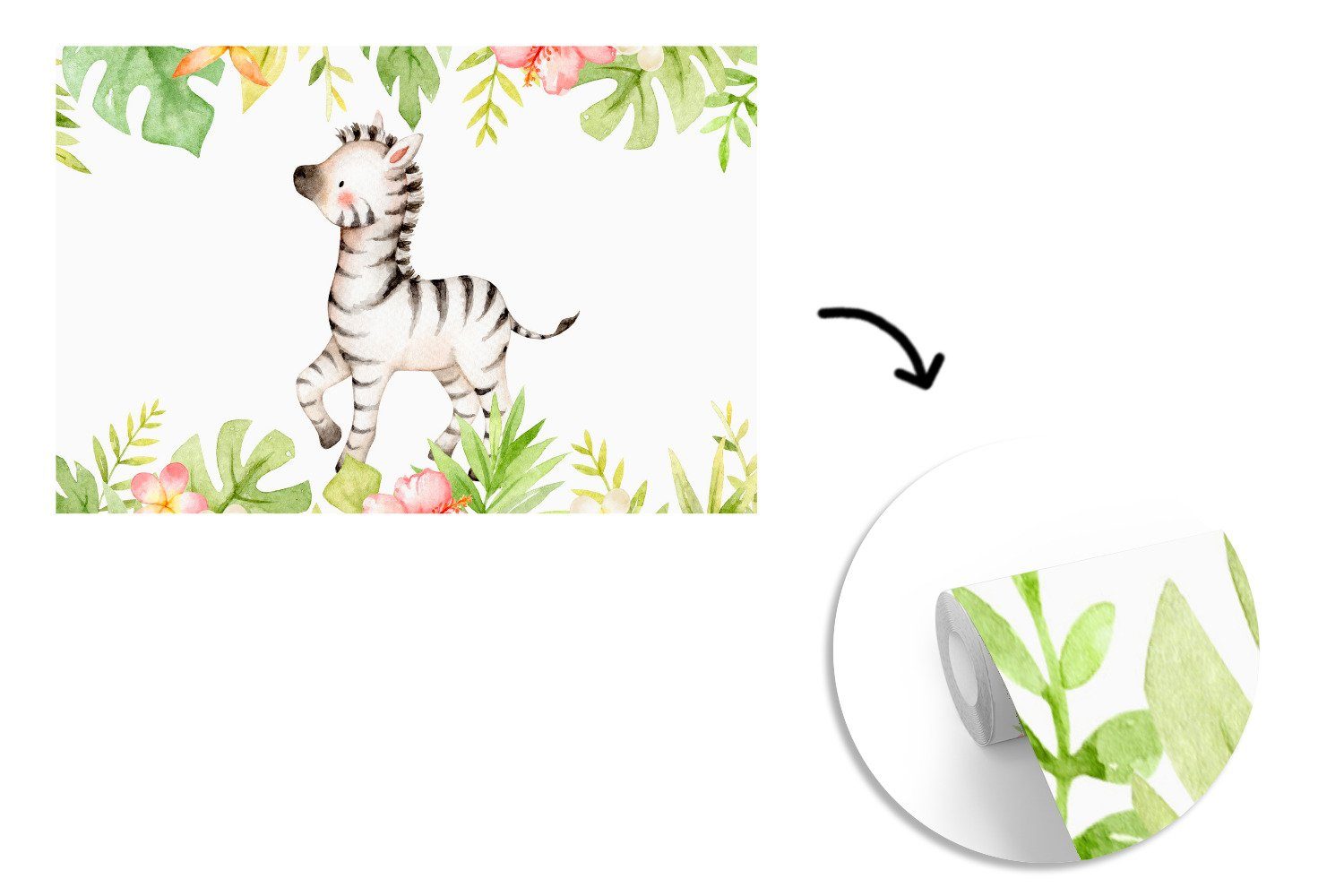 MuchoWow Fototapete Zebra - Dschungel - Wohnzimmer, Schlafzimmer, bedruckt, Wallpaper für Aquarell, (6 St), Matt, Blumen - Kinderzimmer, Tapete Vinyl