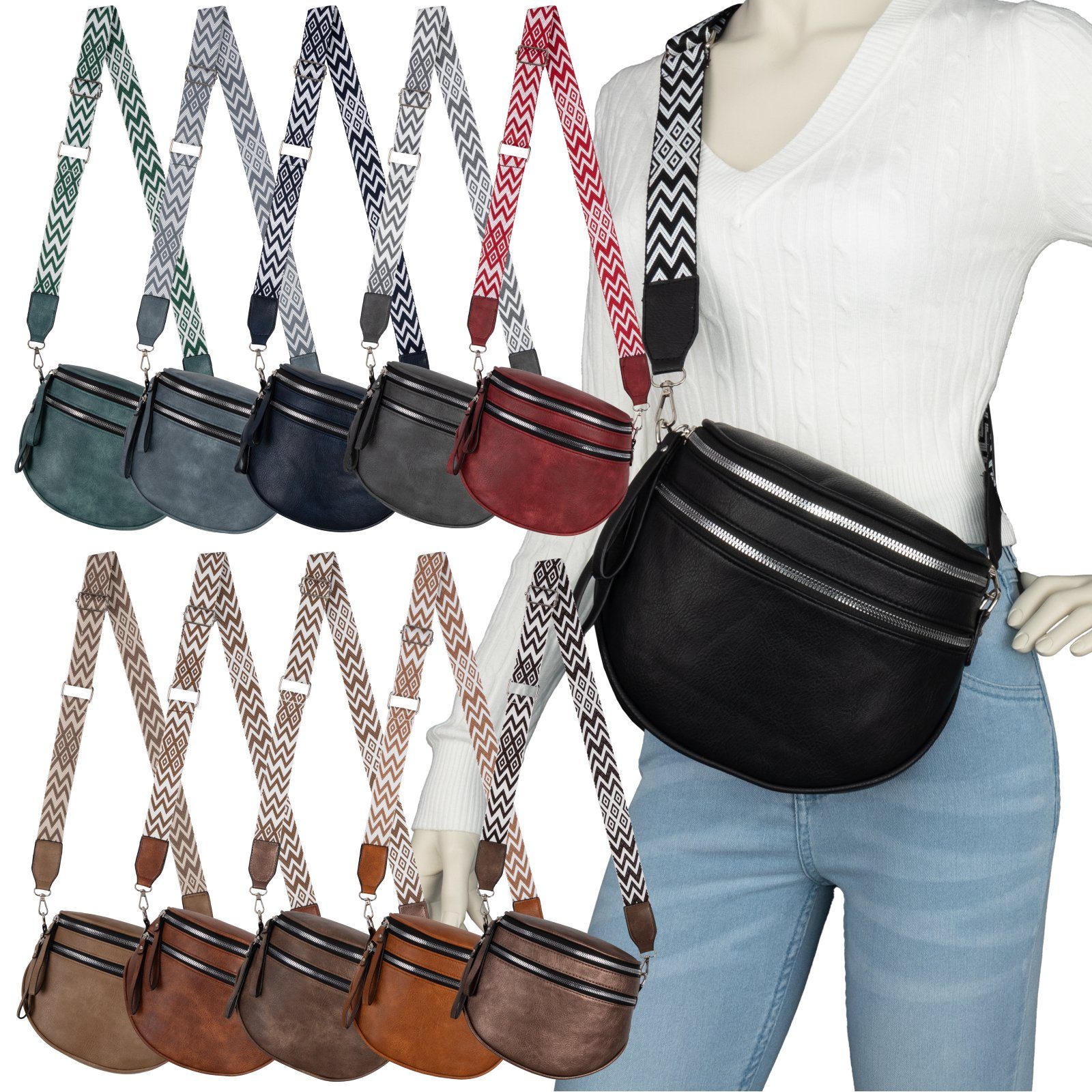 EAAKIE Gürteltasche Bauchtasche Umhängetasche Crossbody-Bag Kunstleder Italy-Design, als Schultertasche, CrossOver, Umhängetasche tragbar