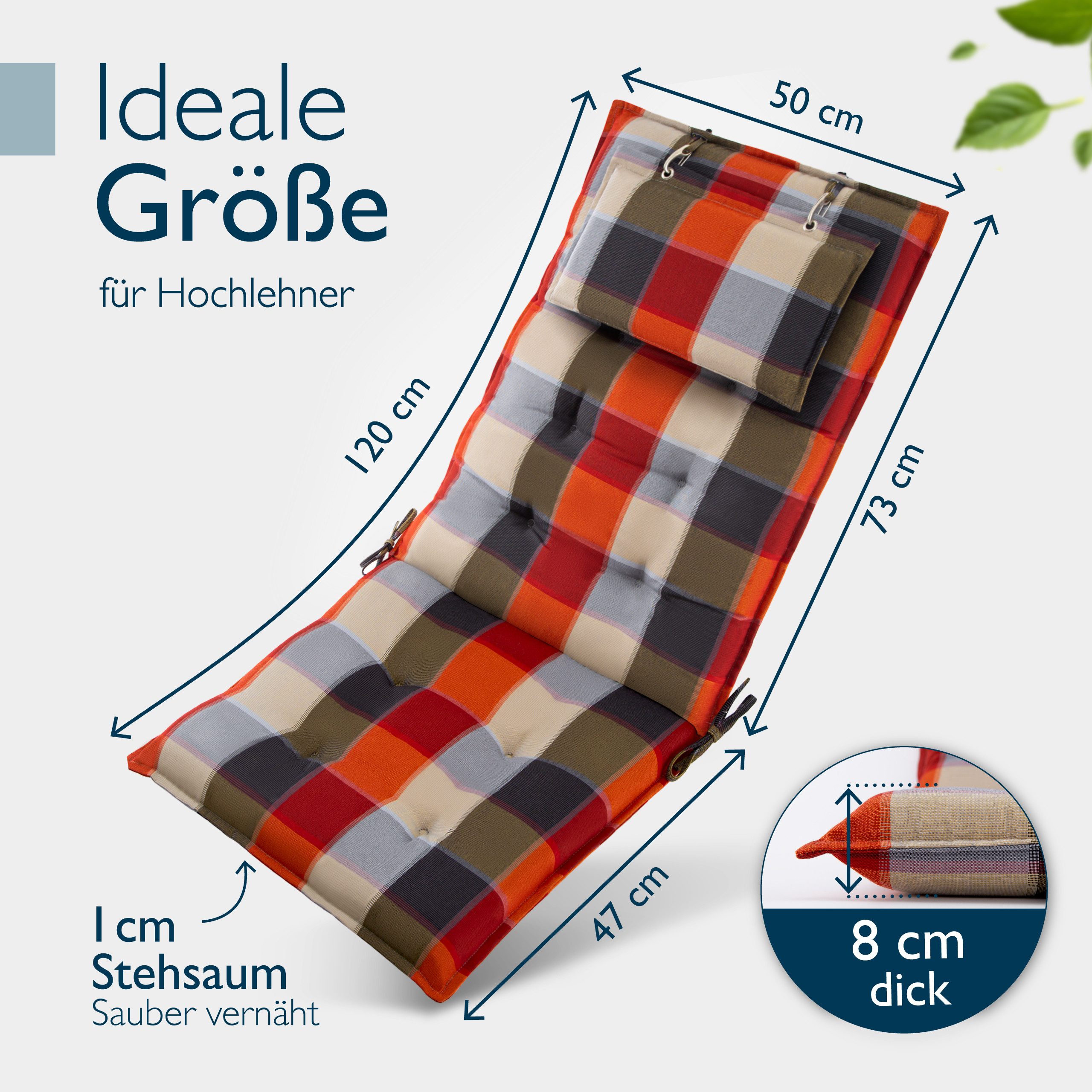 Beautissu Hochlehnerauflage Premium Hochlehner Auflage Kopfpolster Sun Sun-HL, 120x50cm, Beige, Mit Kopfpolster, rutschfest & robust – Befestigungsbänder, UV 5