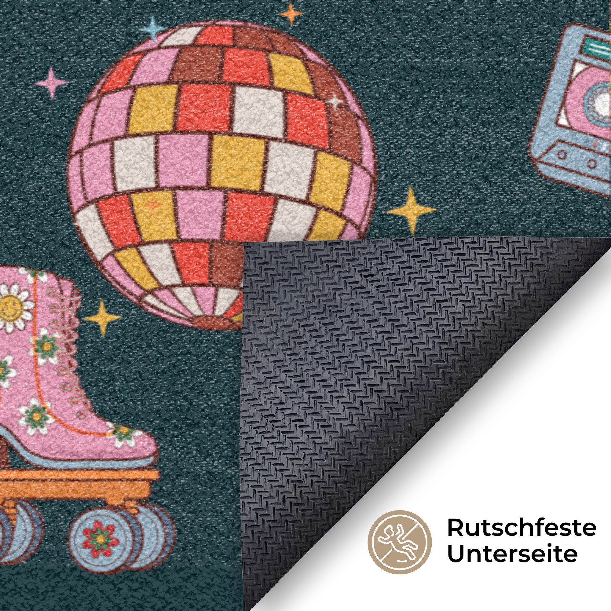 MuchoWow Fußmatte Groß Rollerskates - Muster - Disco, Rechteckig, Sauberlaufmatte, Fußabtreter, Schmutzfänger 150x90 cm