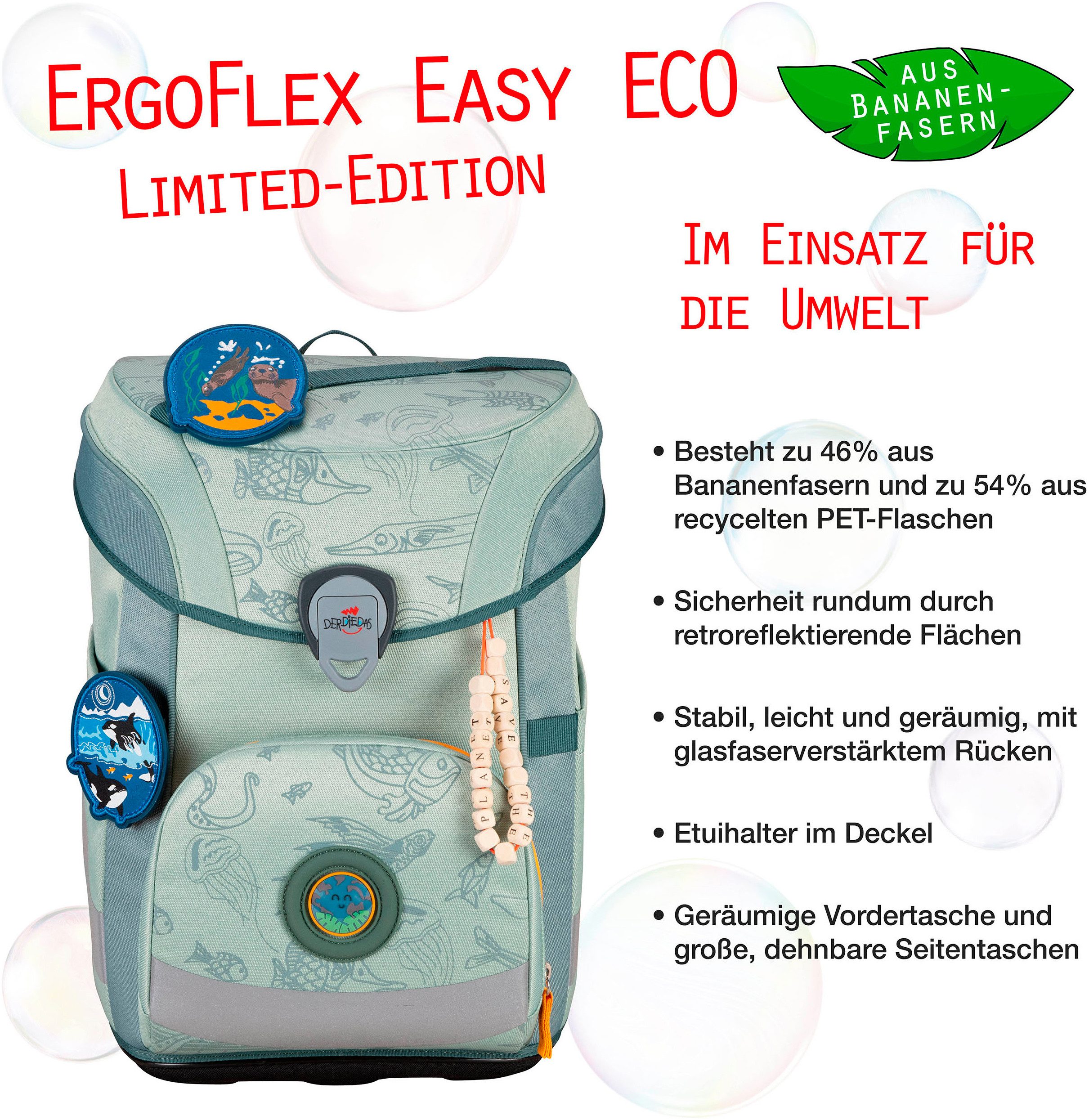 DerDieDas® Schulranzen ErgoFlex Easy Exklusiv ECO, Grey Planet (Set, 5-tlg), enthält recyceltes Material
