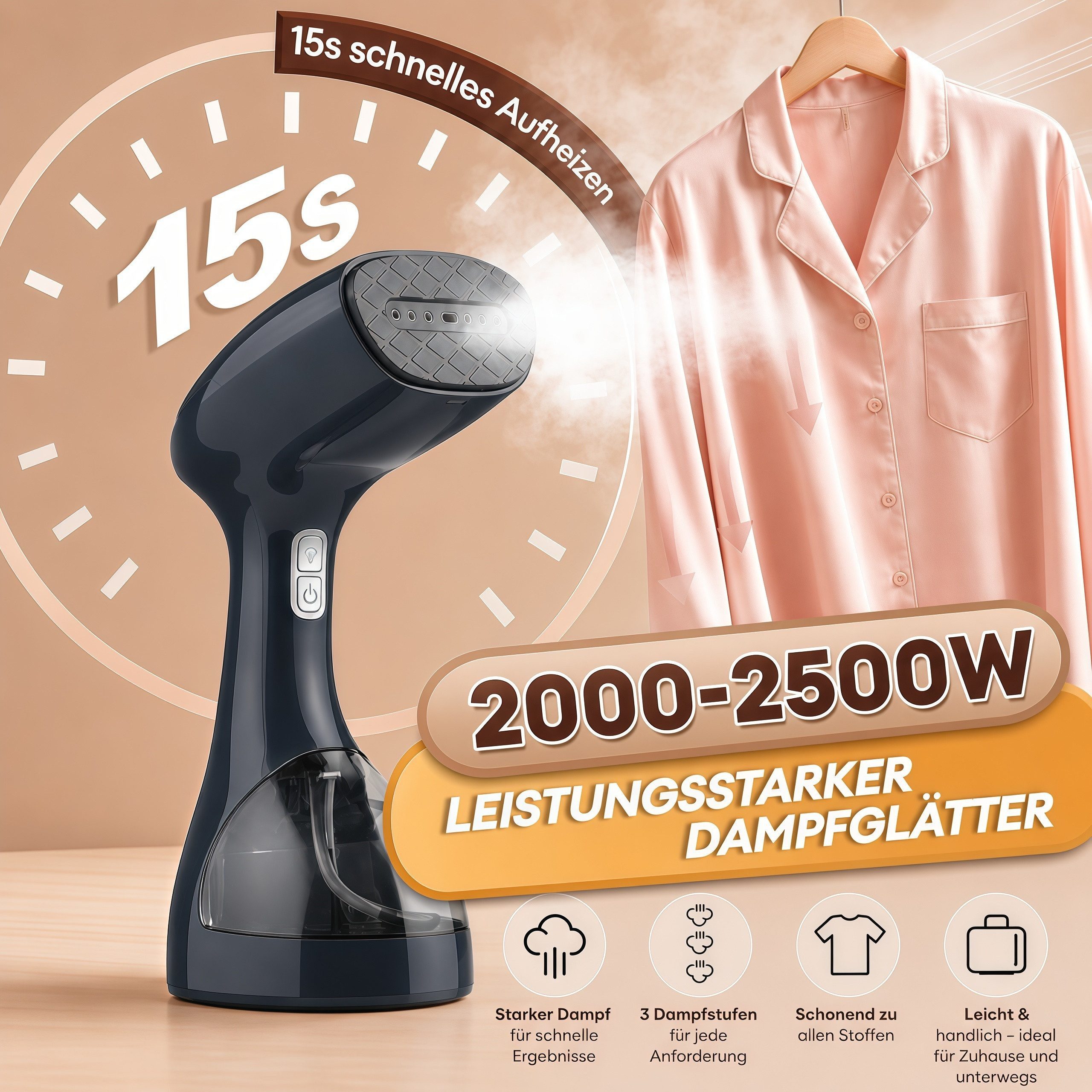 ibettertec Dampfglätter Dampfbügeleisen 2000-2500W Hand-Dampfglätter mit 3 Dampfstufen, 2000 W, 265 ML Wassertank, Keramik-Dampfplatte, Reise-Dampfbürste für Kleidung