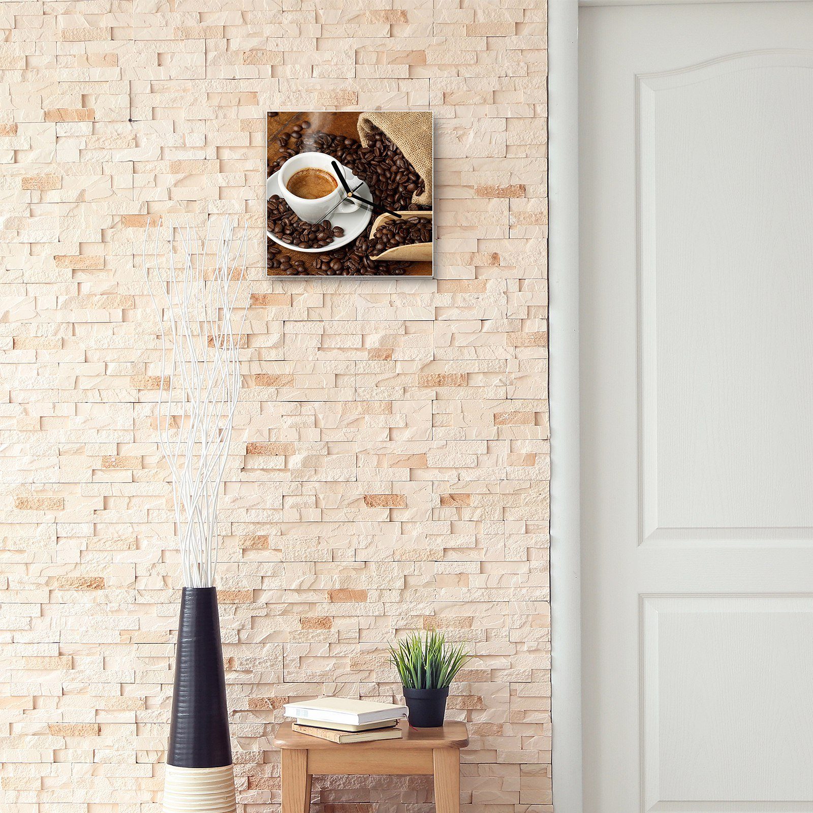 Motiv 30 cm mit 30 Wanduhr Primedeco Kaffee x Glasuhr und Wandkunst Größe Löffel Wanduhr