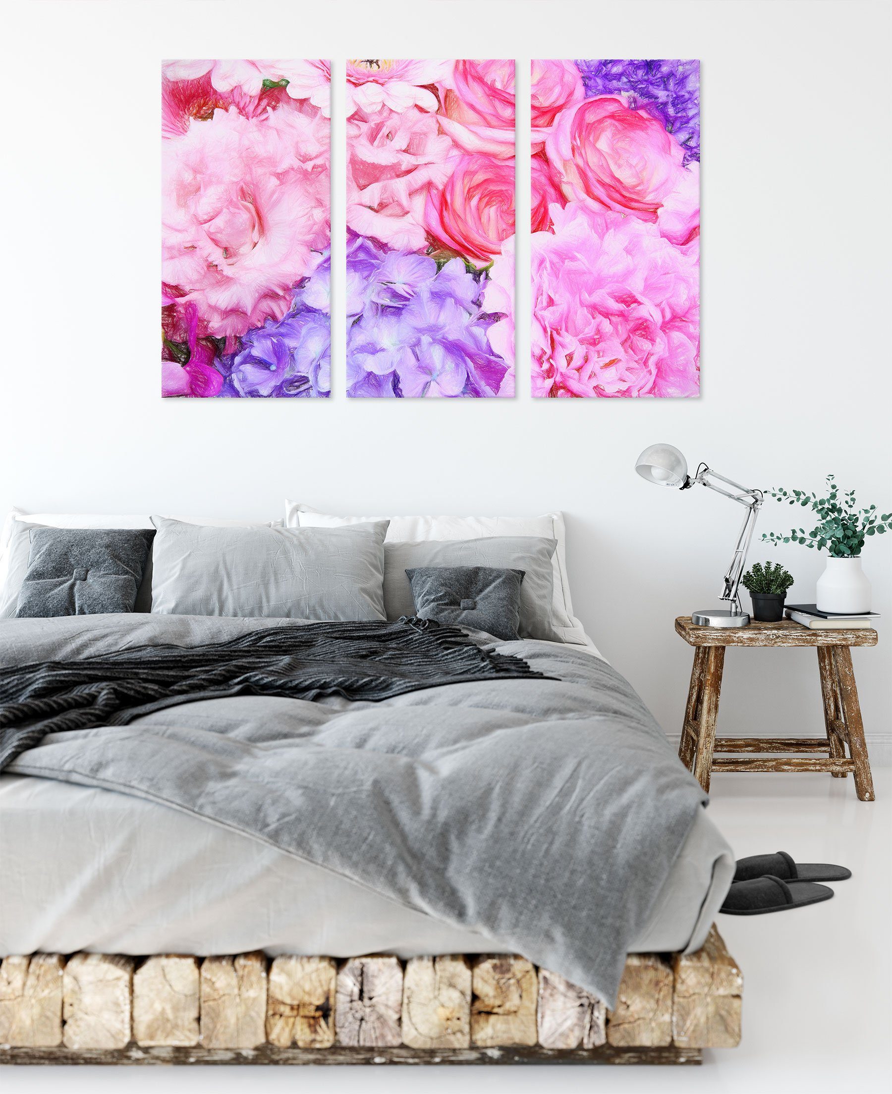 Pixxprint Leinwandbild prachtvoller Blumenstrauss, inkl. Zackenaufhänger (1 St), prachtvoller 3Teiler fertig bespannt, (120x80cm) Blumenstrauss Leinwandbild