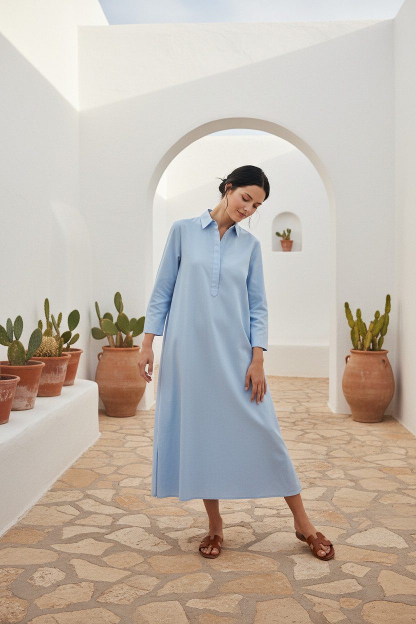Zuckerwatte A-Linien-Kleid langes Hemdblusenkleid aus feiner Baumwolle mit Stretch