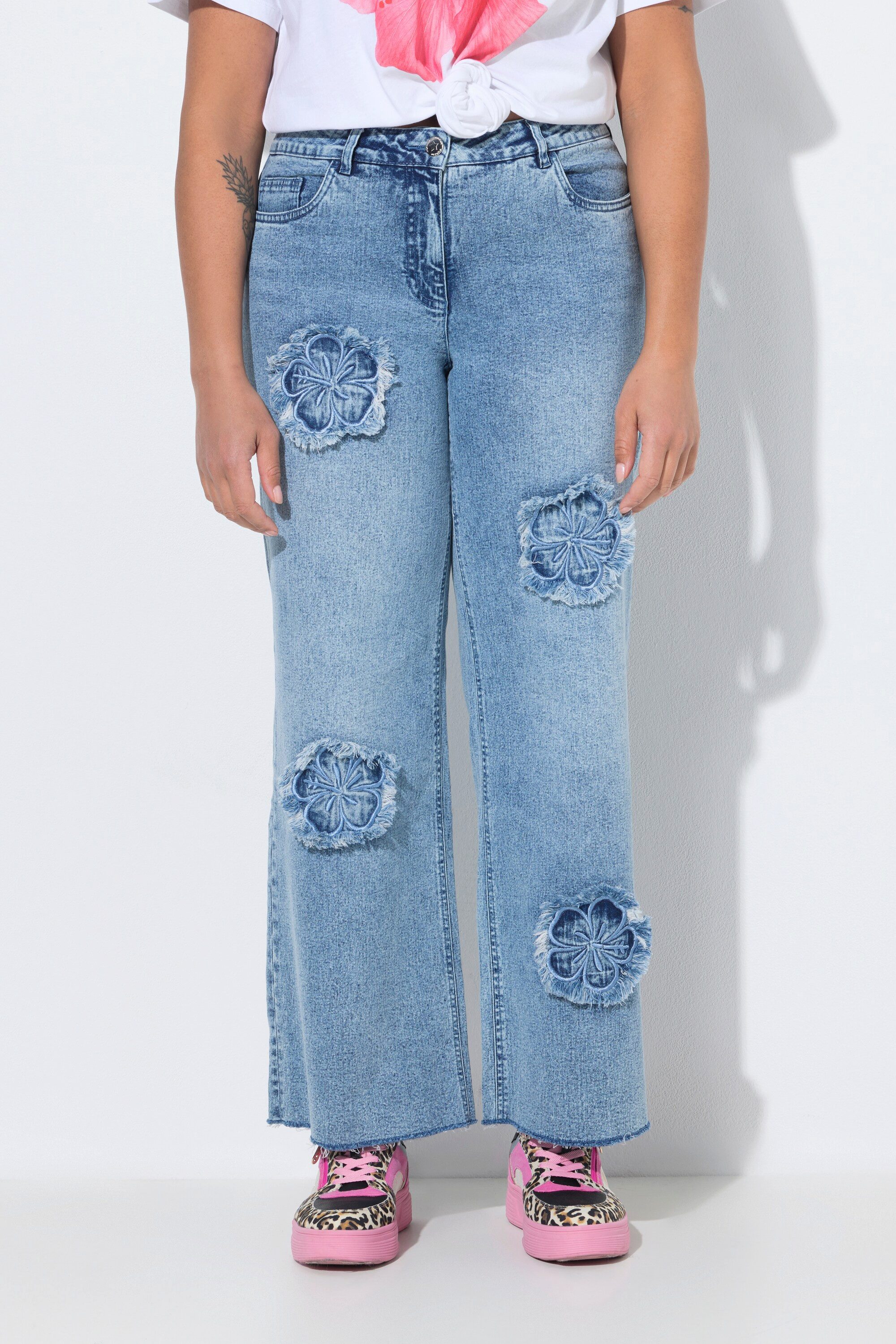 Angel of Style Regular-fit-Jeans Jeans Nora weites Bein Fransen-Blüten 5-Pocket