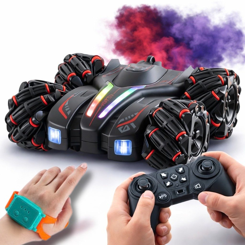 Goldstern-Tech RC-Auto (Steuerung per Fernbedienung & Handgesten, Soundeffekte für ein immersives Spielerlebnis, 2 Akkus), 360° Stunt Car mit Drift, Rauch & LED-Licht