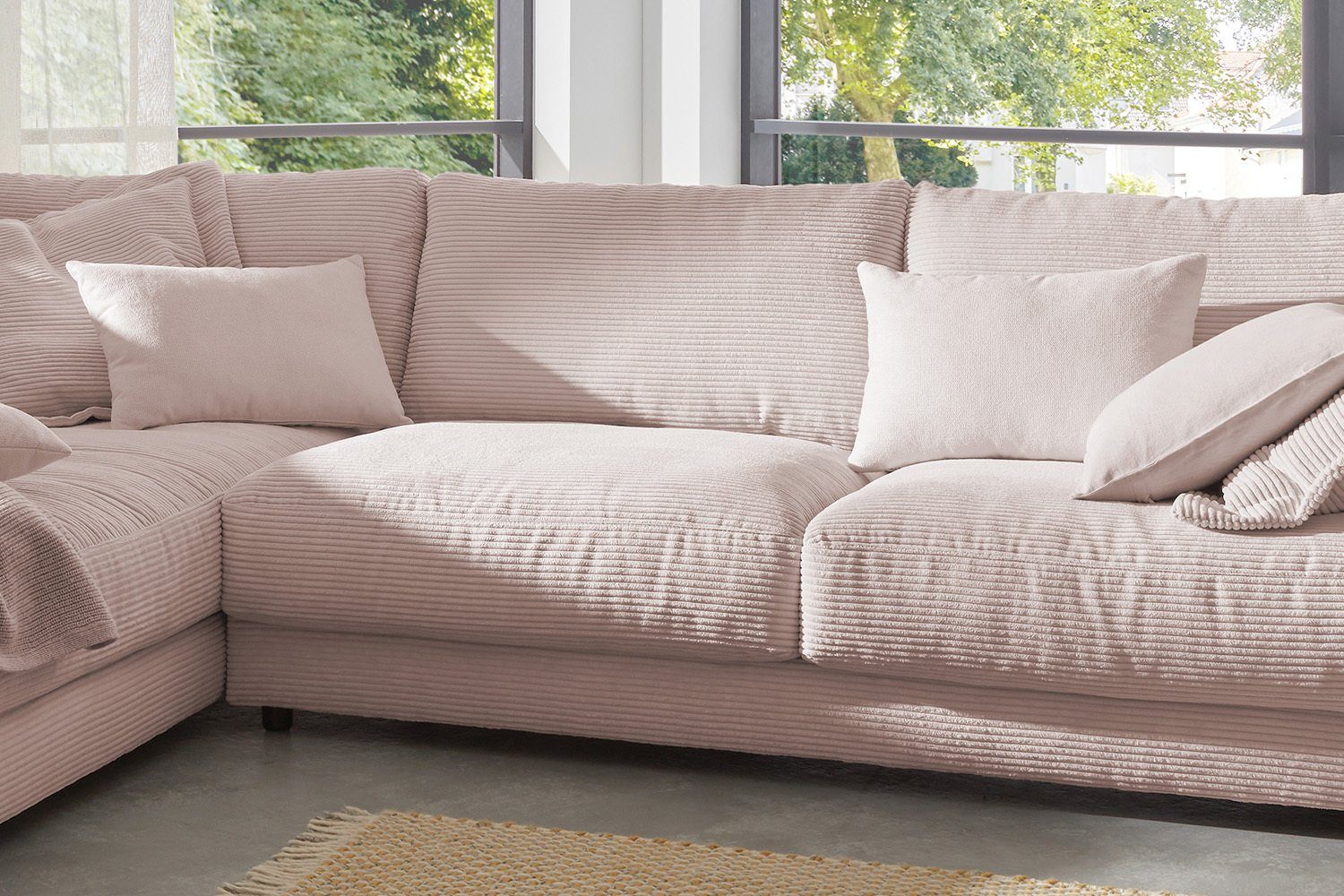 Sofa Ecksofa versch. links, Farben rosa KAWOLA Cord, od. MADELINE, Recamiere rechts