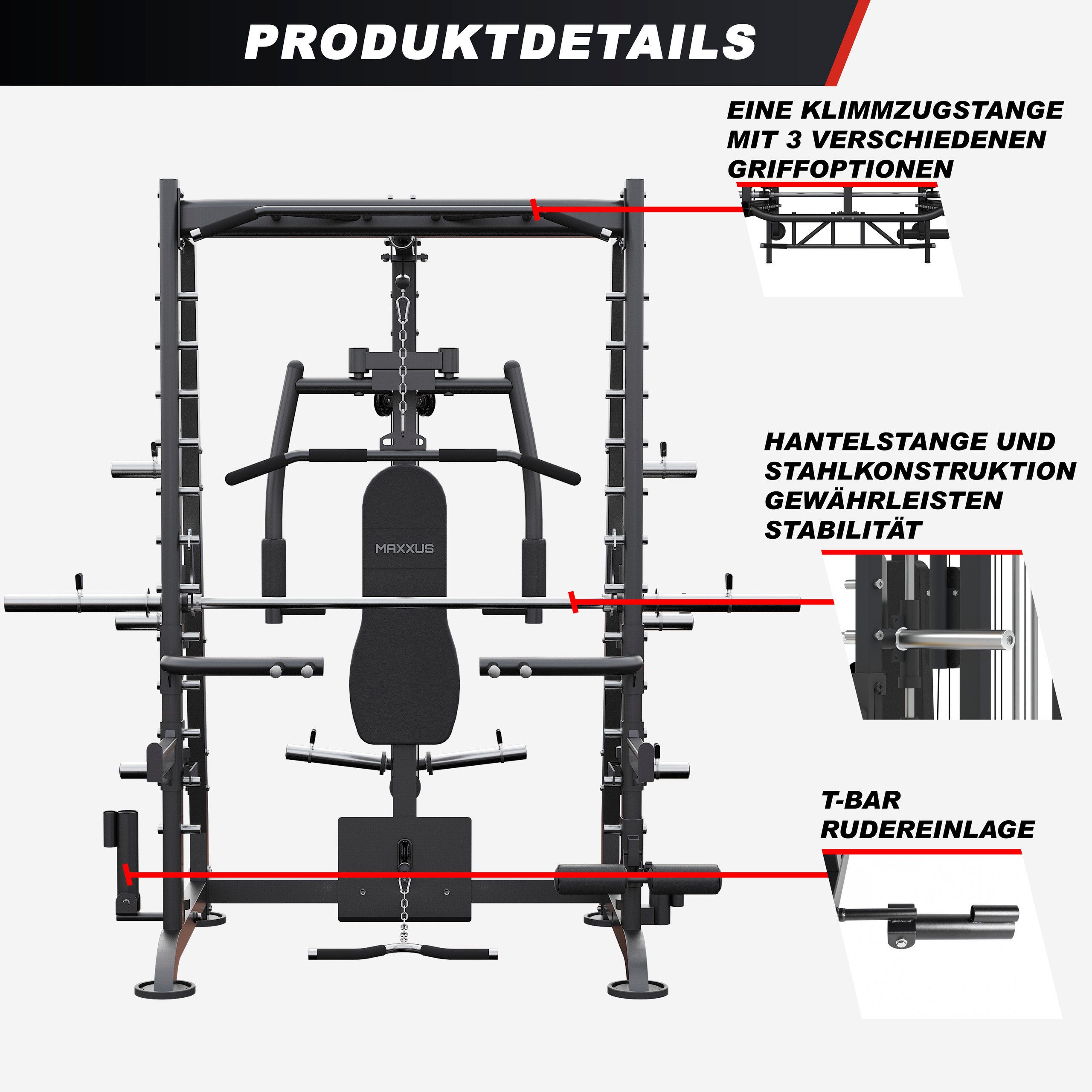MAXXUS Multipresse 8.1 - Kraftstation, Power Rack, Cage, Smith Machine, mit Hantelbank, (1-tlg), Butterfly, Klimmzug, Dip-Station, Kabelzug, Latzug, Ruderzug, Beincurl