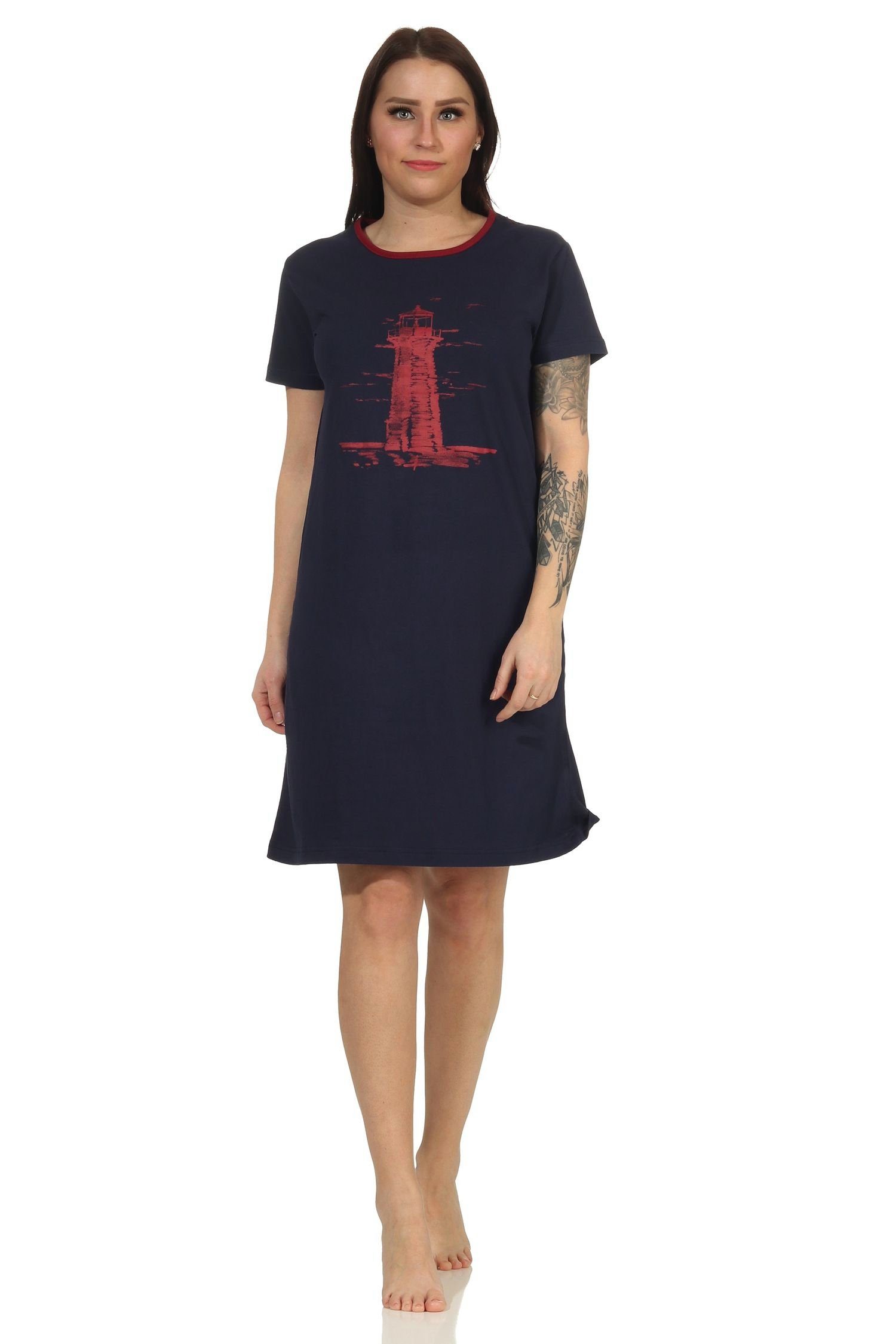 RELAX by Normann Nachthemd Damen Nachthemd kurzarm im maritimen Look und Leuchtturm als Motiv navy