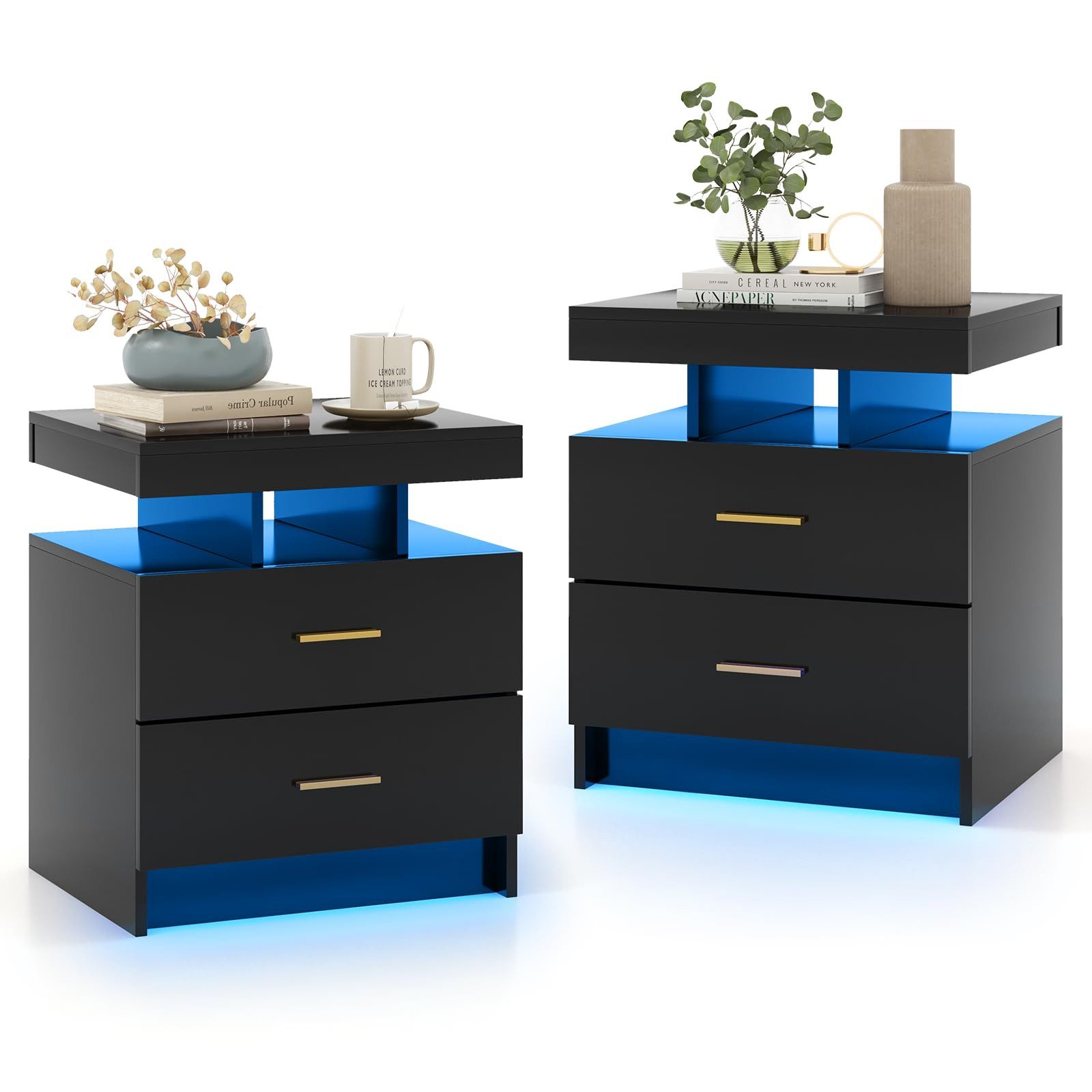 COSTWAY Nachttisch (2-St), mit LED-Beleuchtung, Sofatisch mit 2 Schubladen, 50x40x58 cm