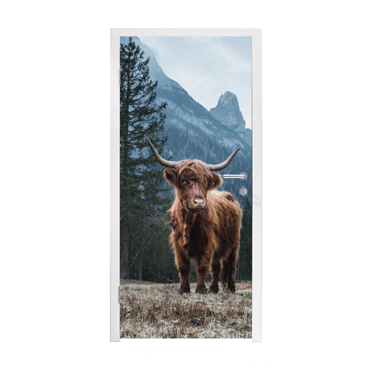 MuchoWow Türtapete Schottische Highlander - Berg - Landschaft - Bäume - Kuh - Natur, Matt, bedruckt, (1 St), Fototapete für Tür, Türaufkleber, 75x205 cm
