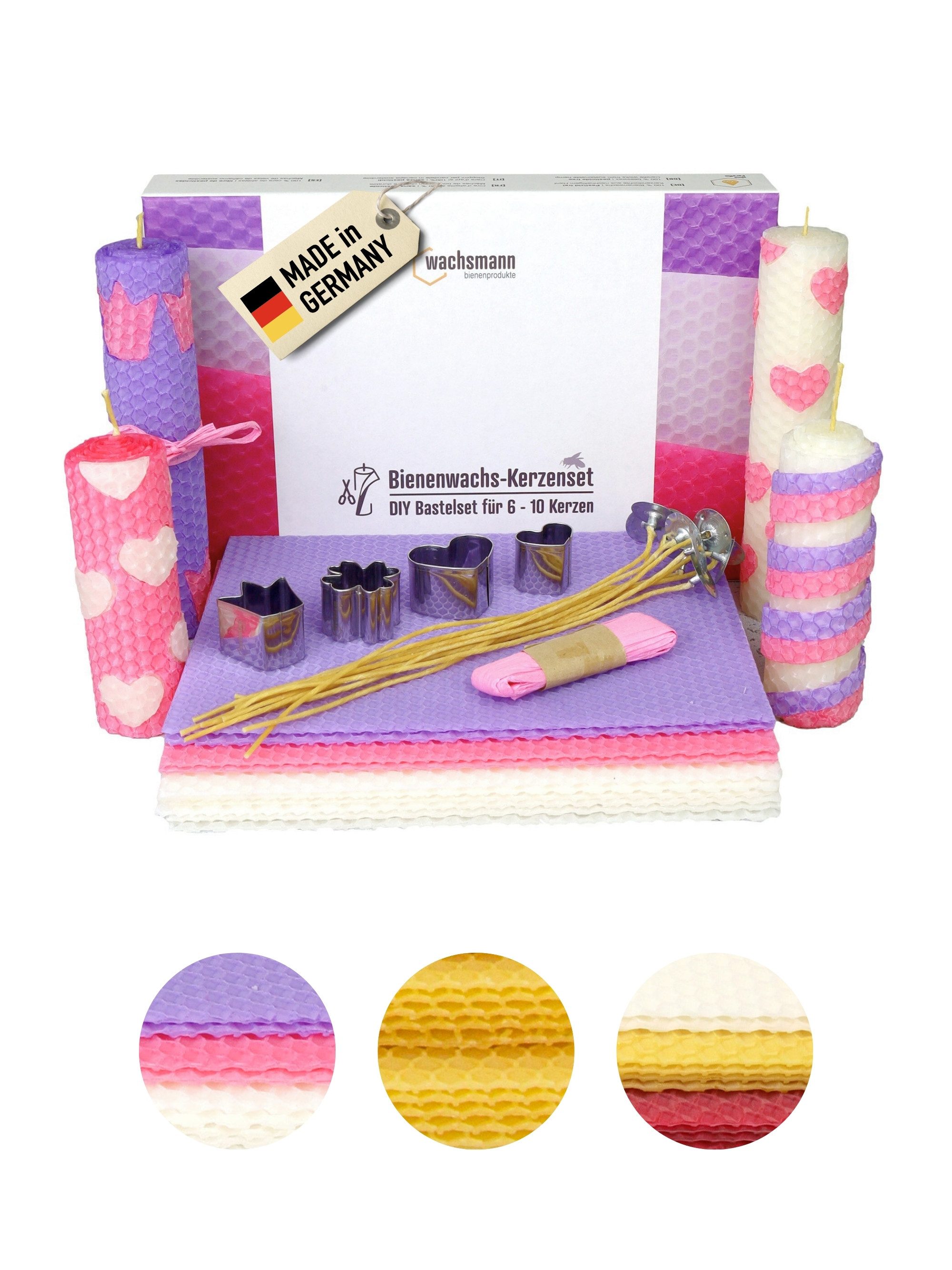 Wachsmann Bienenprodukte Bienenwachskerze selber machen (Kerzenset, Bienenwachs Свечи Bastelset Bienenwachsplatten, Deko und Zubehör), deutsches Bienenwachs, Dochte aus Hanf, Kreativset