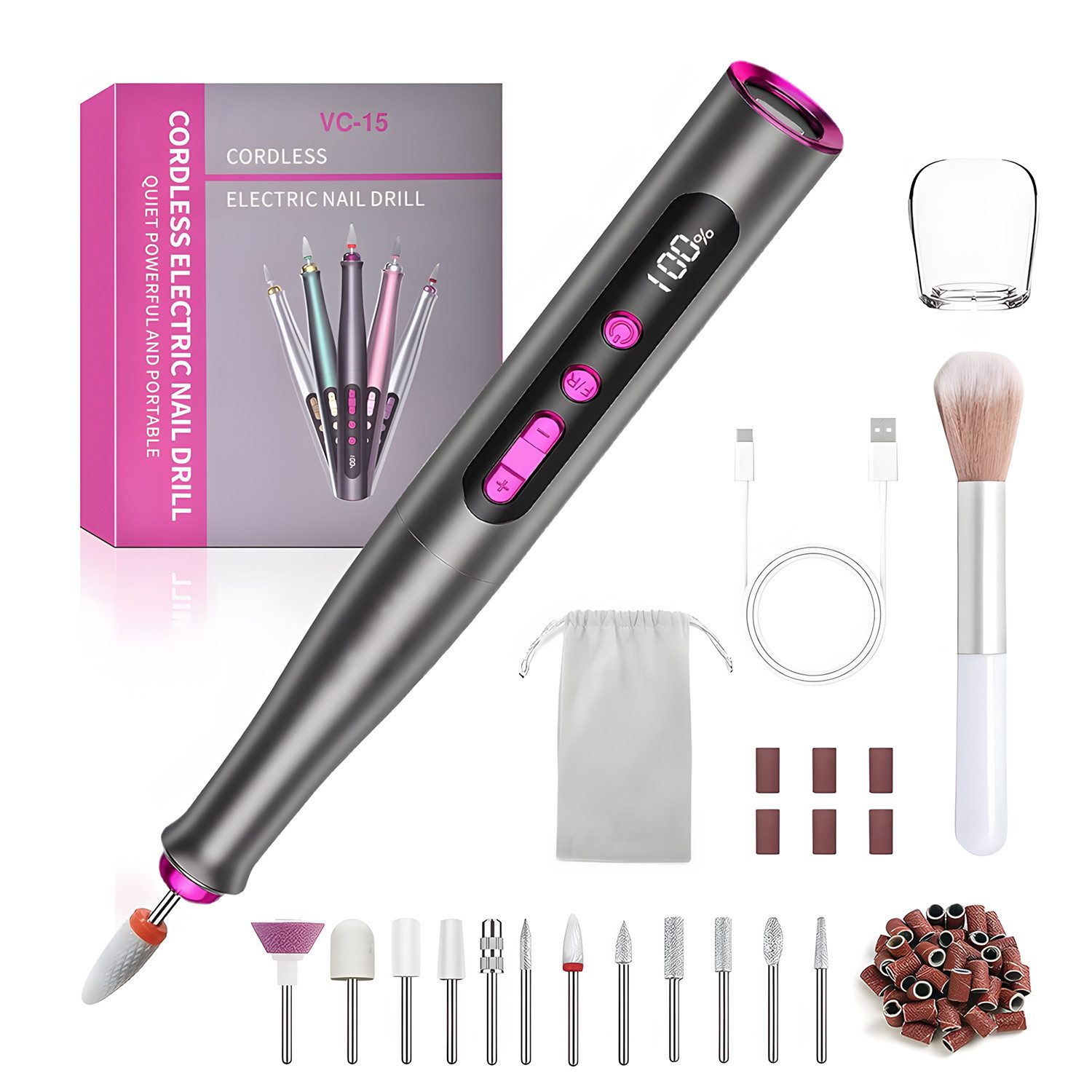 AKKEE Maniküre-Pediküre-Set Professionell Elektrische Nagelfräser, Akku-Nagelfeile, 35.000 U/min, mit 12 Aufsätze zur Nagelpflege 5 Geschwindigkeiten