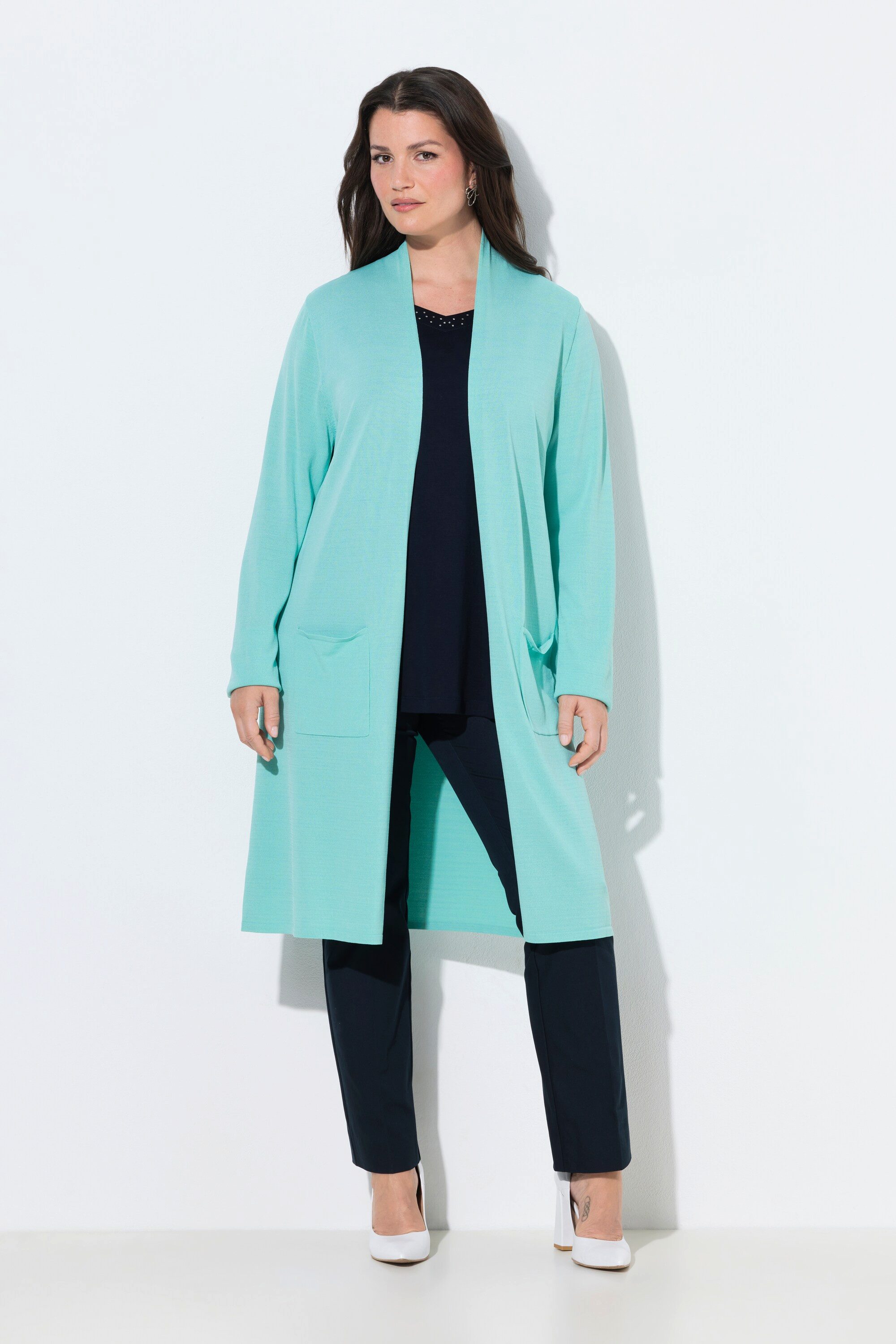 Ulla Popken Langjacke Long-Strickjacke Stehkragen offene Form Langarm