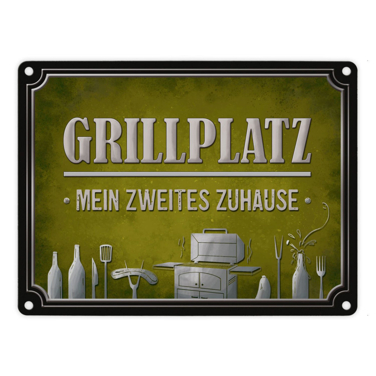 Metallschild Grillplatz mein zweites Zuhause Metallschild in grün Grill grillen