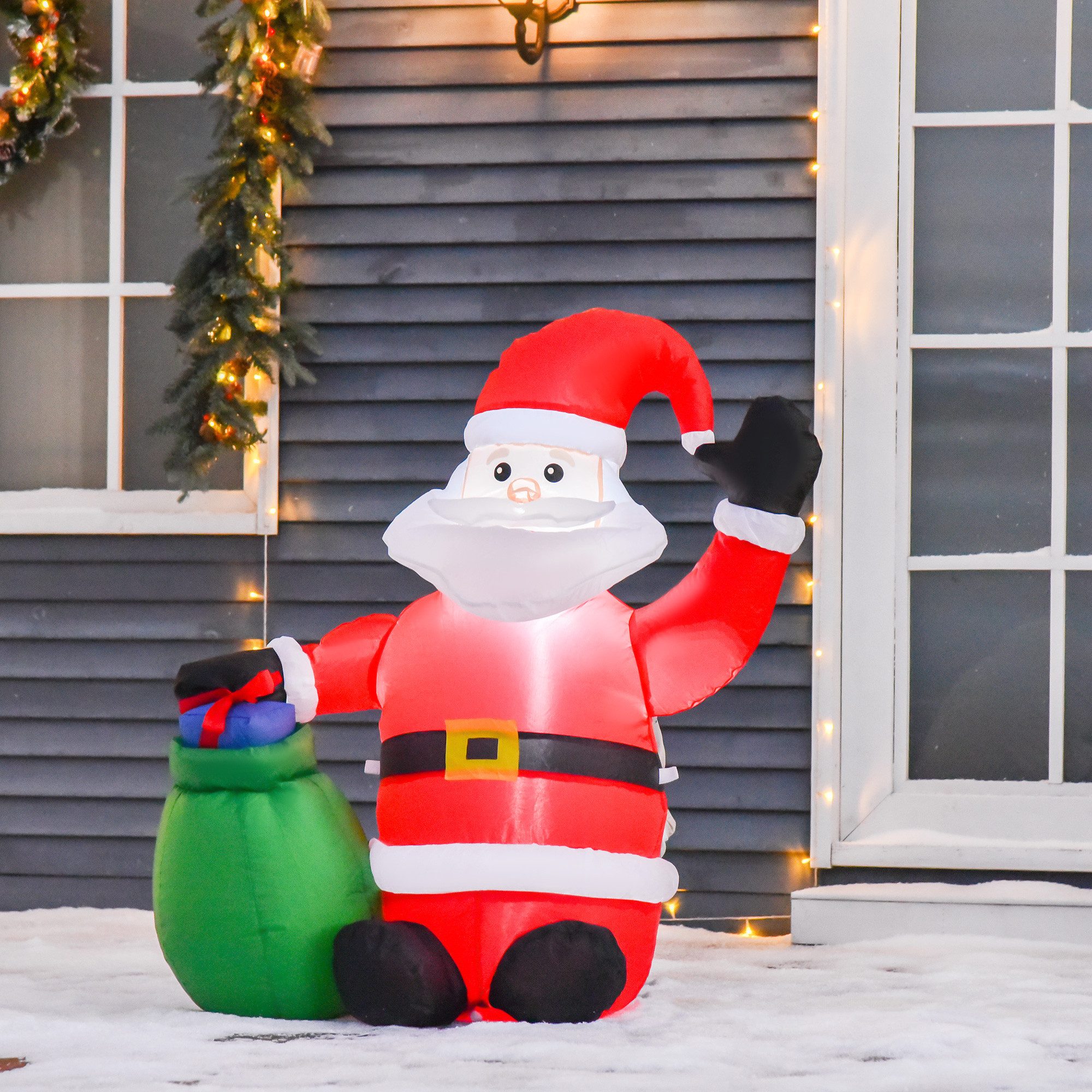 HOMCOM Weihnachtsfigur Aufblasbarer Weihnachtsmann beleuchtet mit LED Licht, Geschenktüte (Weihnachtsdekoration, 1 St., Selbstaufblasbarer Weihnachtsmann), Rot 70 x 45 x 120 cm