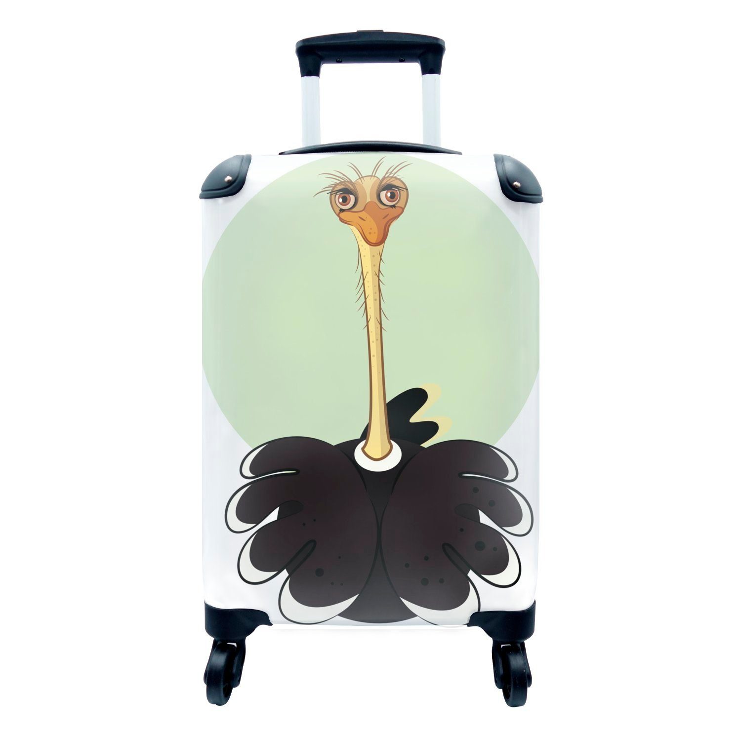 MuchoWow Handgepäckkoffer Illustration eines Straußes vor einem grünen Hintergrund, 4 Rollen, Reisetasche mit rollen, Handgepäck für Ferien, Trolley, Reisekoffer