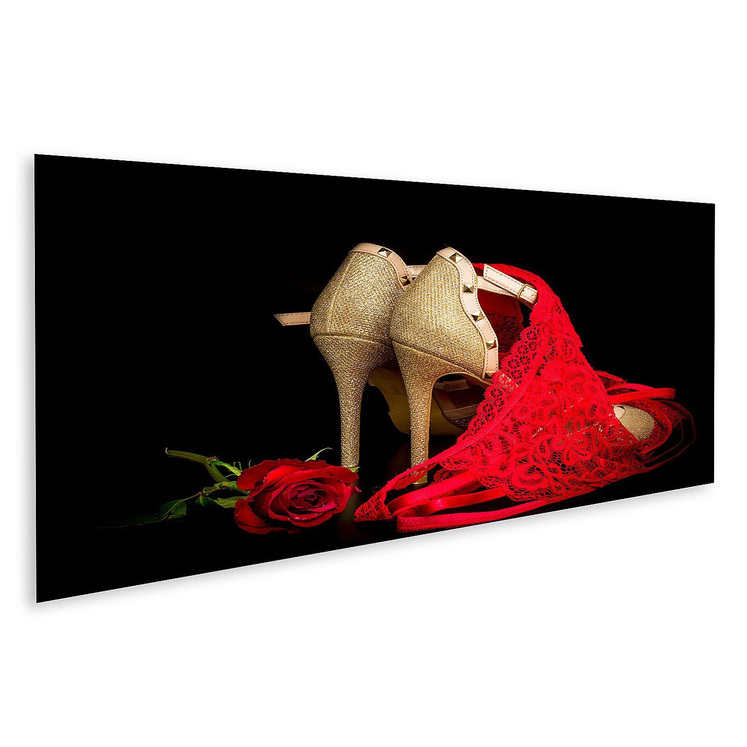 islandburner Leinwandbild Bild auf Leinwand Goldene Schuhe Schwarzer Hintergrund Rote Rose Rote