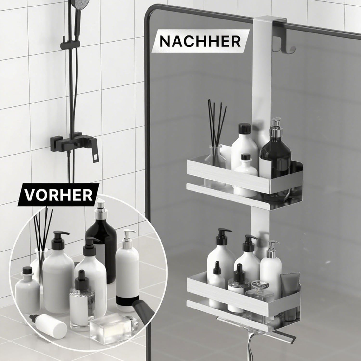 SURFOU Duschablage zum Hängen, Duschregal aus Edelstahl SUS304 Ohne Bohrer, für Rahmenlos Glastür, Shampoo Duschgel Halterung für Dusche