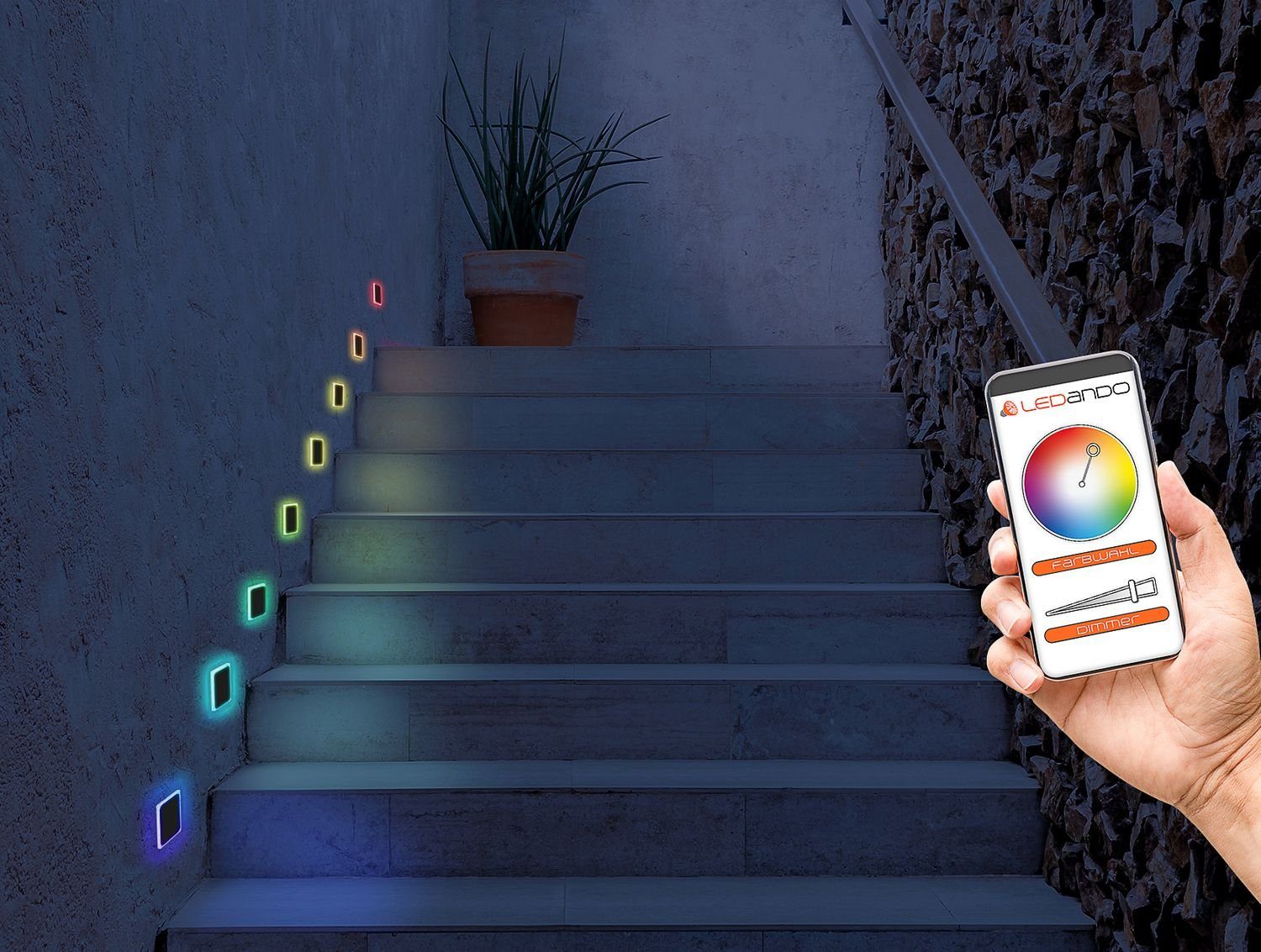RGB Einbaustrahler Schalterdose LEDANDO IP44 Wifi + LED Warmweiß für Treppenbeleuchtung LED MOON