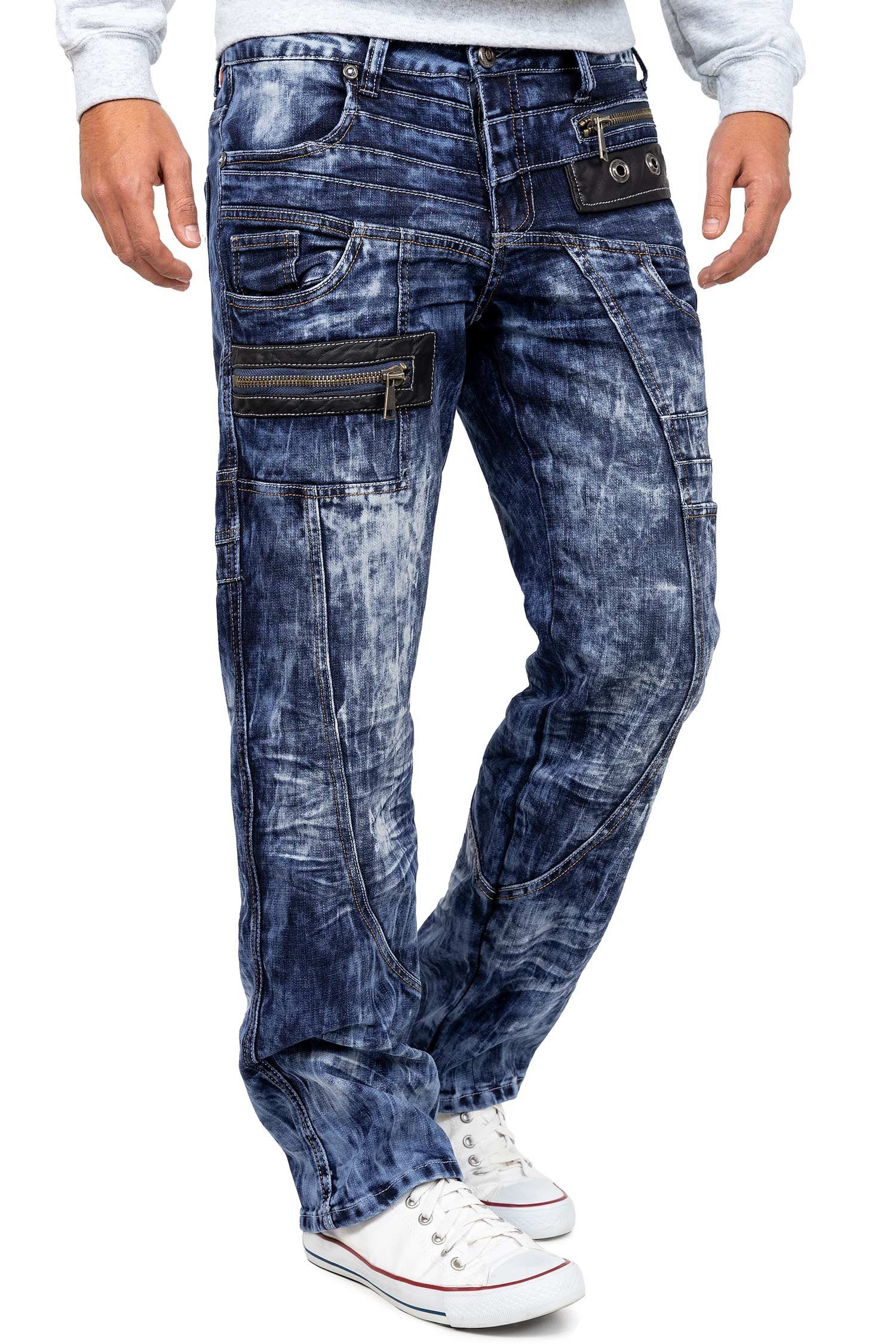 Kosmo Lupo 5-Pocket-Jeans Herren Regular Fit Hose Stonewashed KM012 (1-tlg) Kontrastnähte in Orange/Weiß und Ziernähte