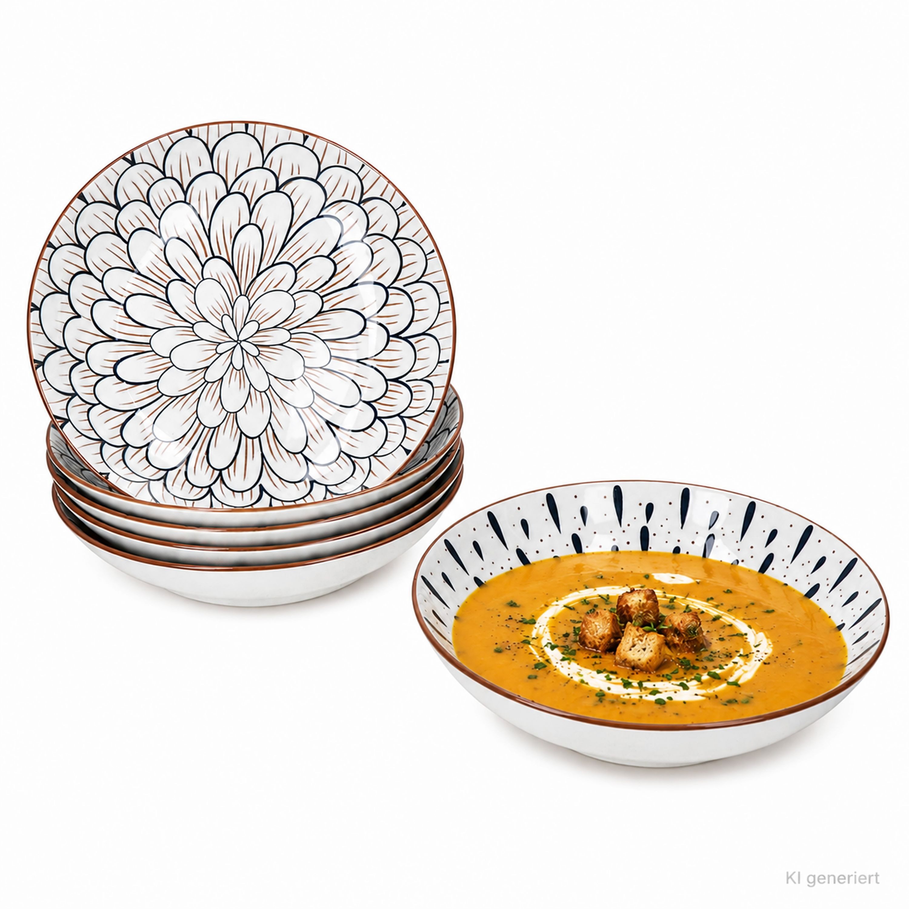 MamboCat Suppenteller 6x Yama Suppenteller Ø20cm Blau Weiß Steingut Tropfen Floral Pasta