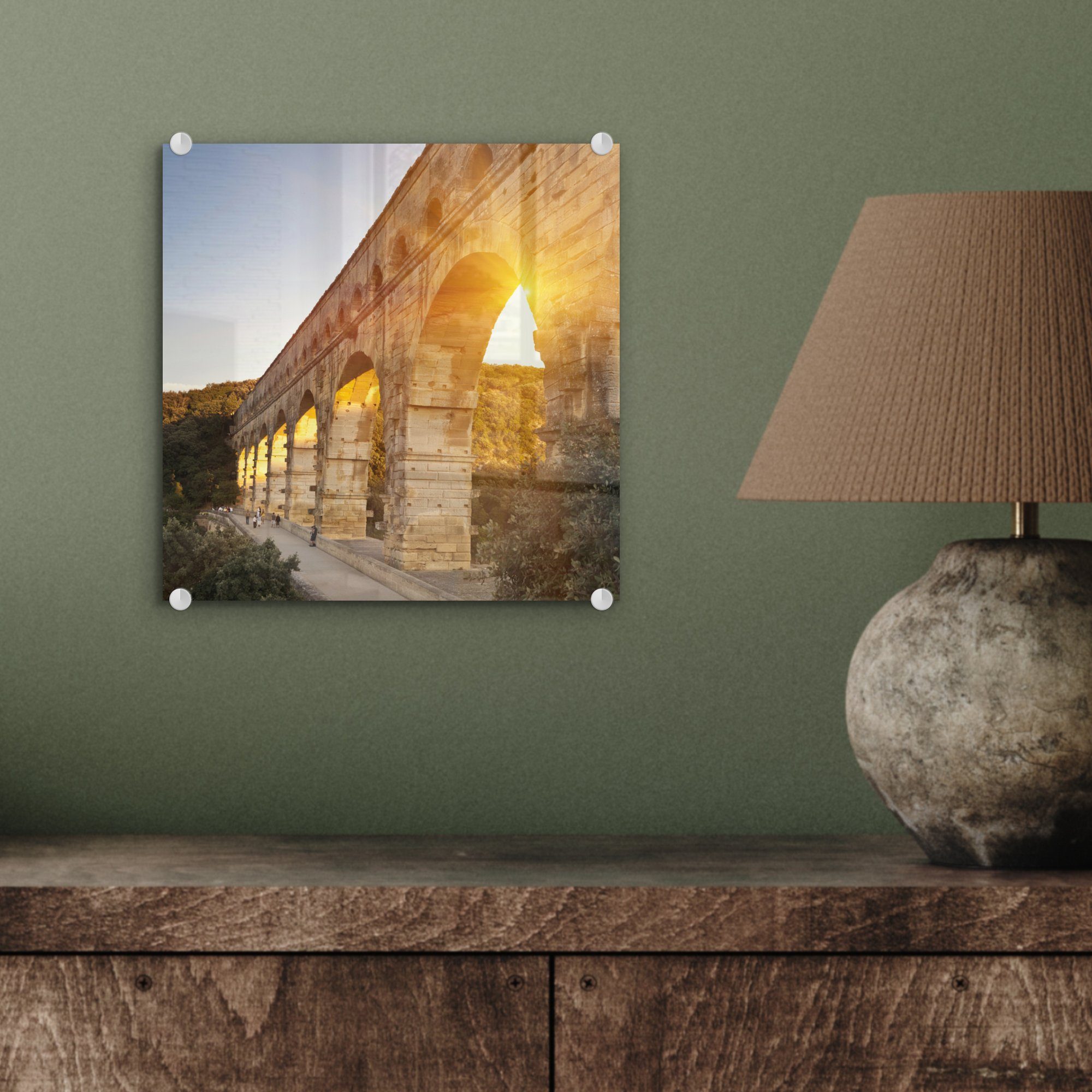 Wandbild auf scheint Glas - auf St), in Wanddekoration Foto den Bilder MuchoWow (1 Acrylglasbild Gard durch - Sonne Pont du Die Glas Frankreich, - Glasbilder