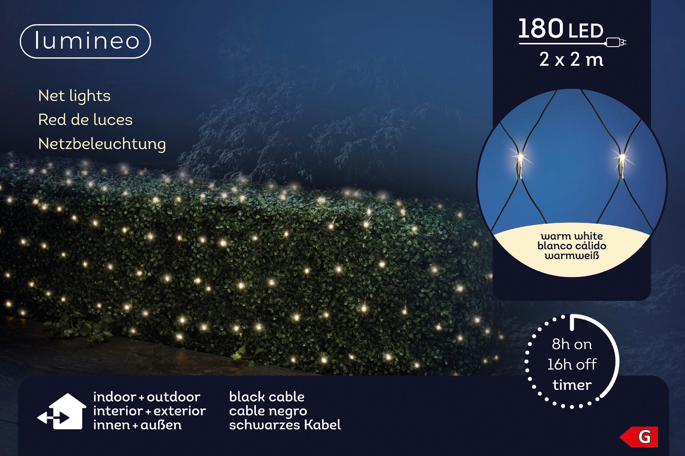 Lumineo LED-Lichterkette Lumineo Netzbeleuchtung 180 LED 2 x 2 m warm weiß, schwarzes Kabel, Indoor/Outdoor, 200 x 200 cm, 8h-Timer, + 5 m Zuleitung