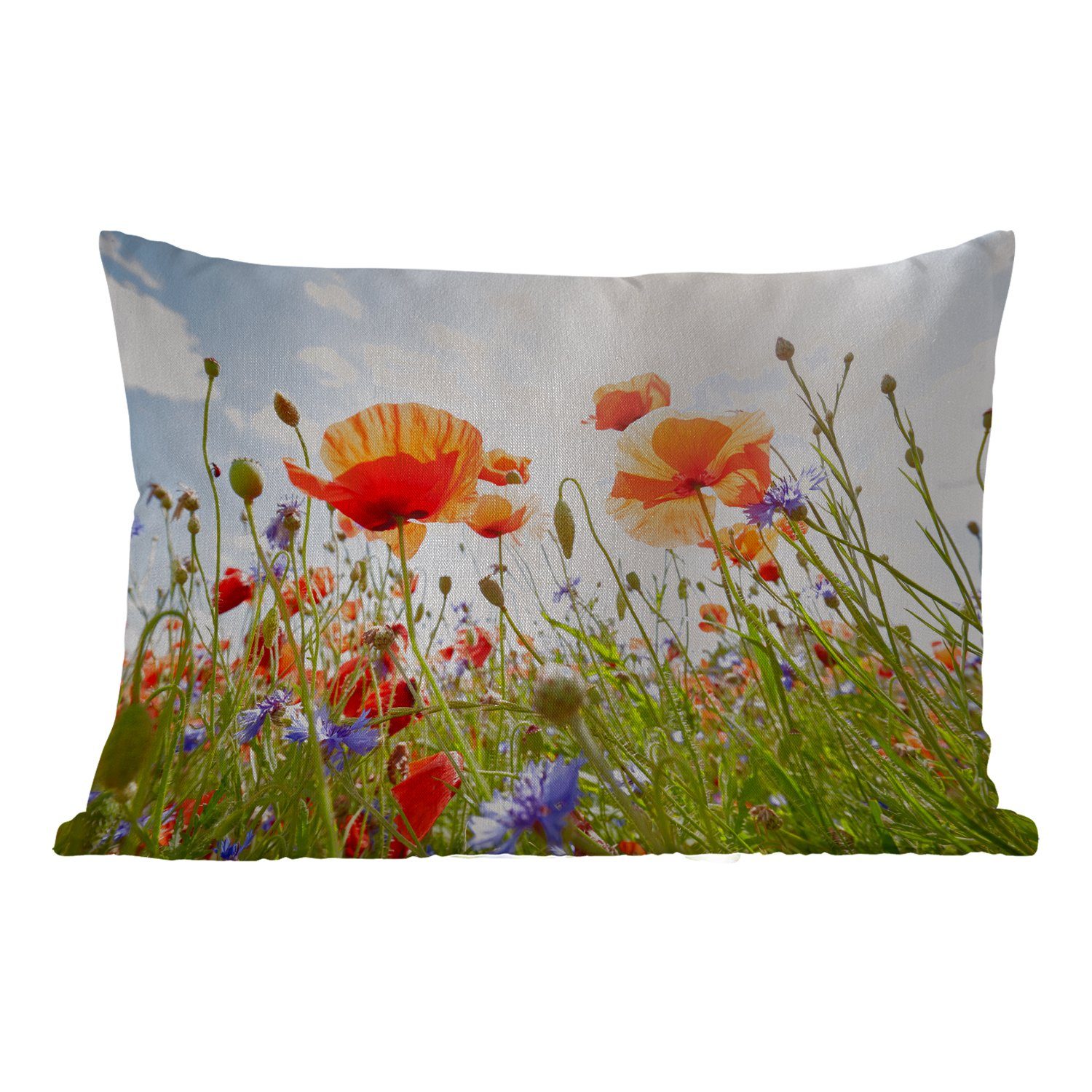 MuchoWow Dekokissen Blumen - Mohn - Frühling - Natur - Rot - Blau, Outdoor-Dekorationskissen, Polyester, Dekokissenbezug, Kissenhülle | Dekokissen