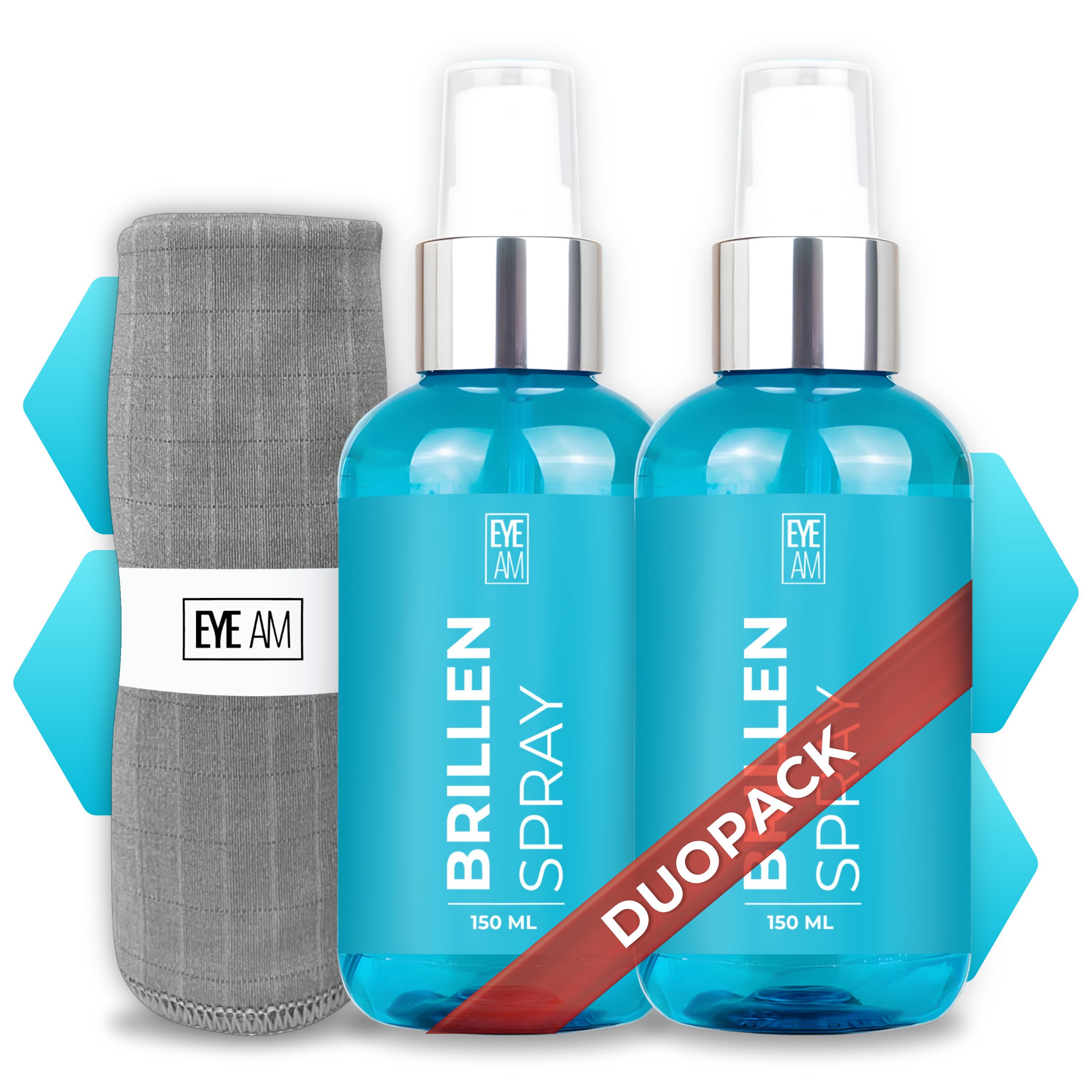 EyeAm Brillenreiniger Set 2x150ml, Brillenspray mit Mikrofasertuch, Glasreiniger (1 Flasche für Zuhause, 1 für Büro oder Auto, Streifenfreies Brillenspray)