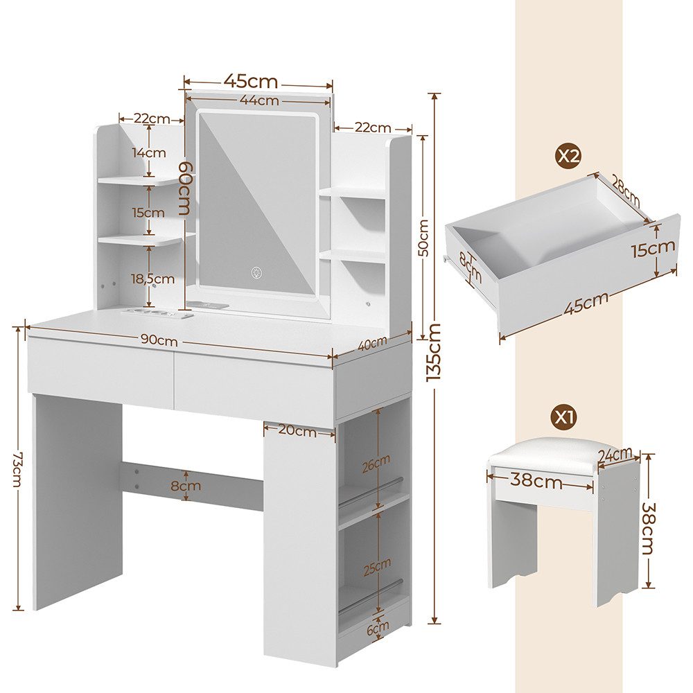 GLIESE Schminktisch mit Spiegel, Hocker, LED 3-Farben Touch-Dimmbares Licht (1-St., Frisierkommode, Schminkhocker), 2 Steckdosen + 2 USB, Fönhalter, für Schlafzimmer