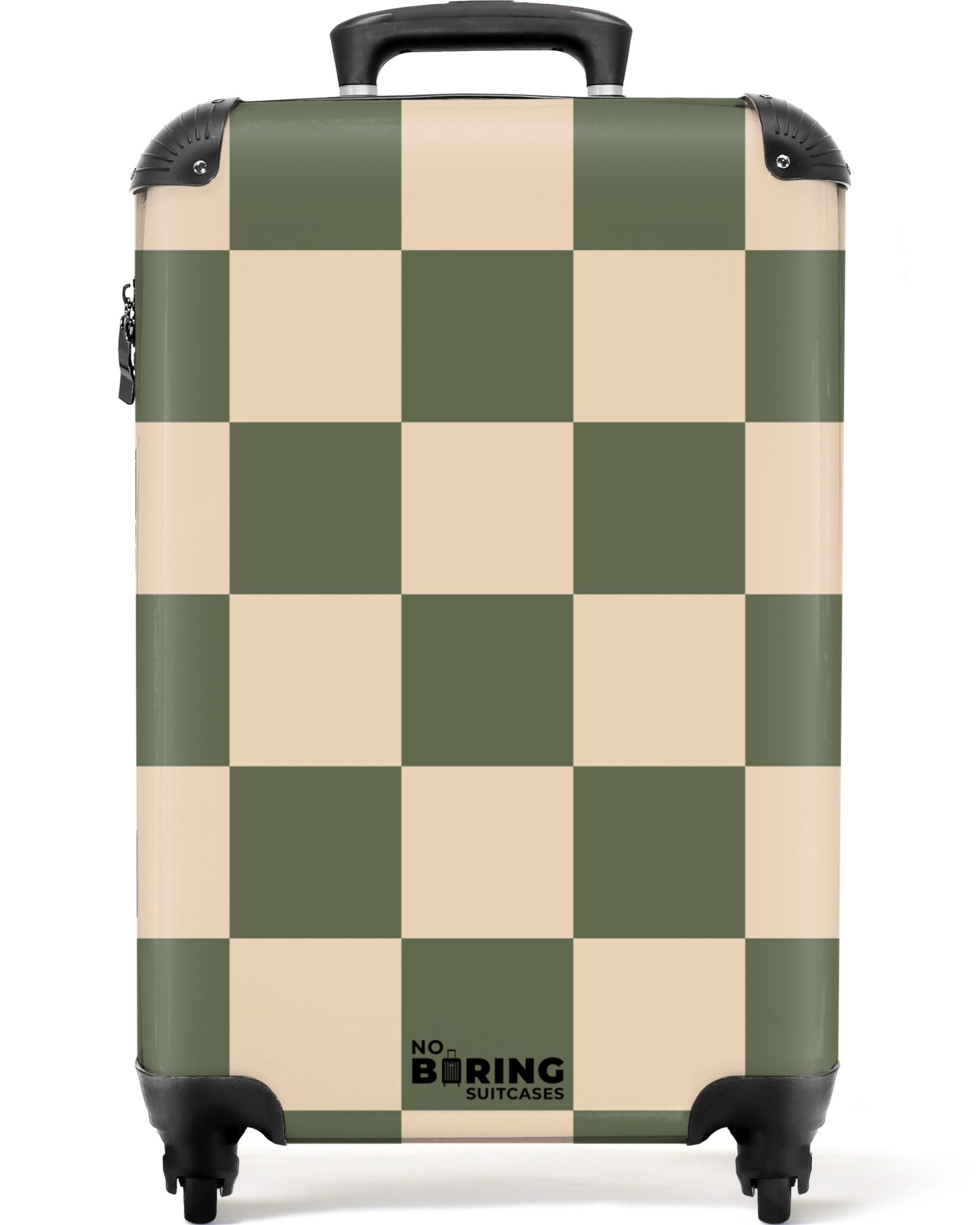 NoBoringSuitcases.com© Hartschalen-Trolley Grün mit beigem Schachbrettmuster 55x35x20cm, Reisekoffer mit 4 Rollen, Carry on luggage, Männer