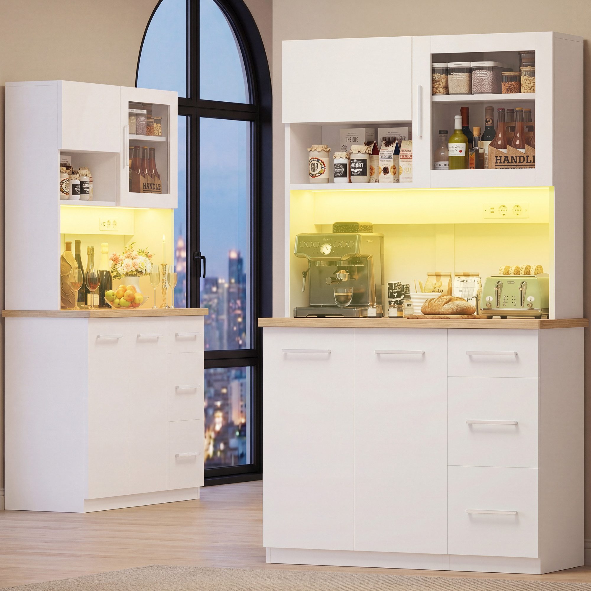 HOMALL Küchenbuffet Hohe Schränke, Küchenzeilen, Sideboards, mit LED-Beleuchtung (Maße: 100 × 40 × 182 cm, mit 3 Schubladen + 3 Schranktüren + 1 offenem Staufach und Arbeitsplatte, 2 Steckdosen + 2 USB-Anschlüssen, mit verstellbaren Einlegeböden)