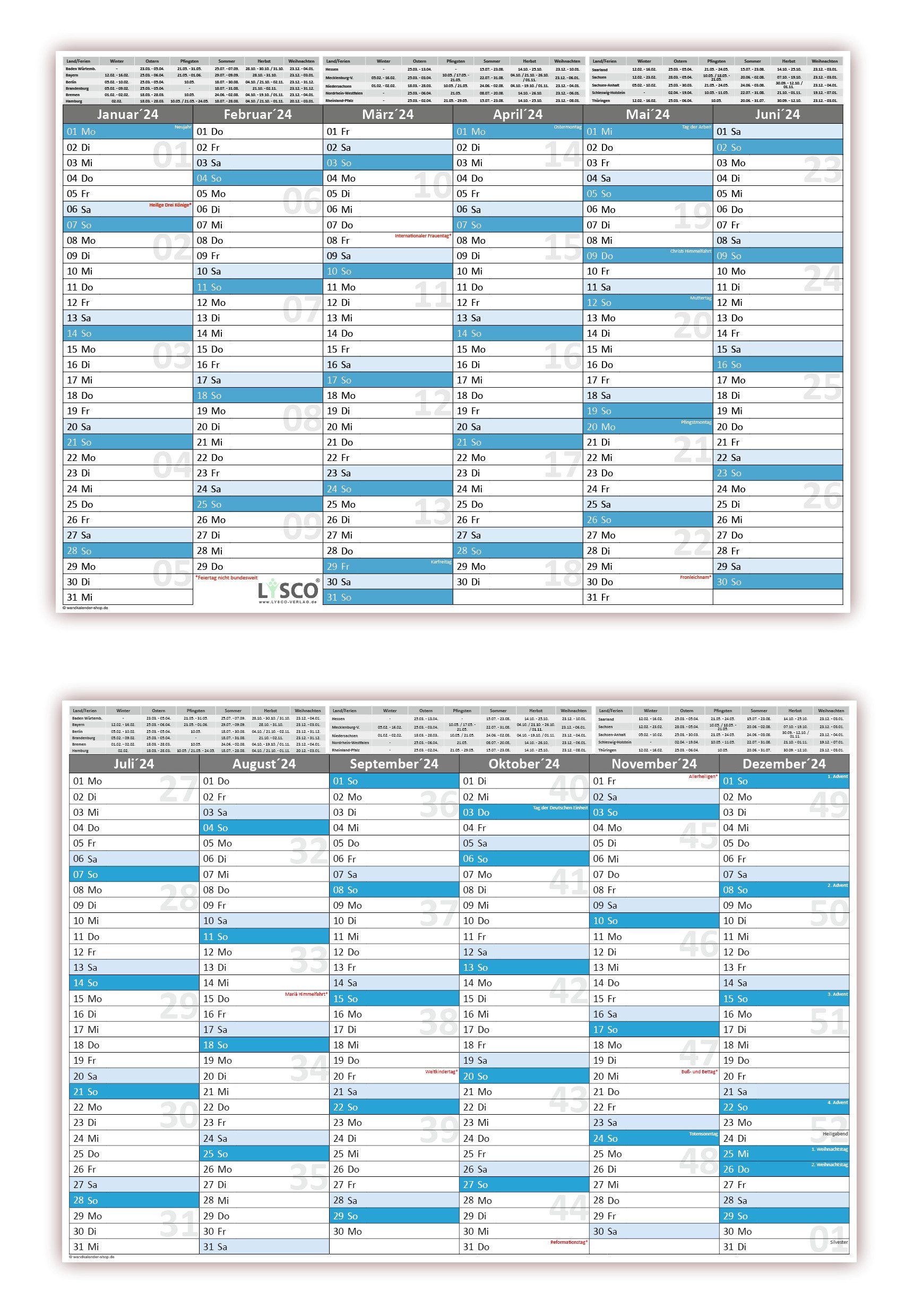 LYSCO Tischkalender Tafelkalender DIN A3 / A4 / A5 300g Papier, wahlweise für das Jahr 2024, 2025 oder auch im Set für beide Jahre, sehr gut beschreibbar