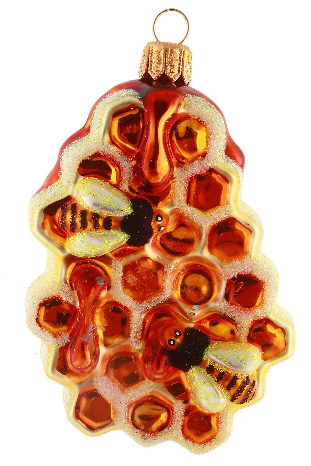Weihnachtskontor Bienen, Honigwabe handdekoriert mit Christbaumschmuck Hamburger mundgeblasen -