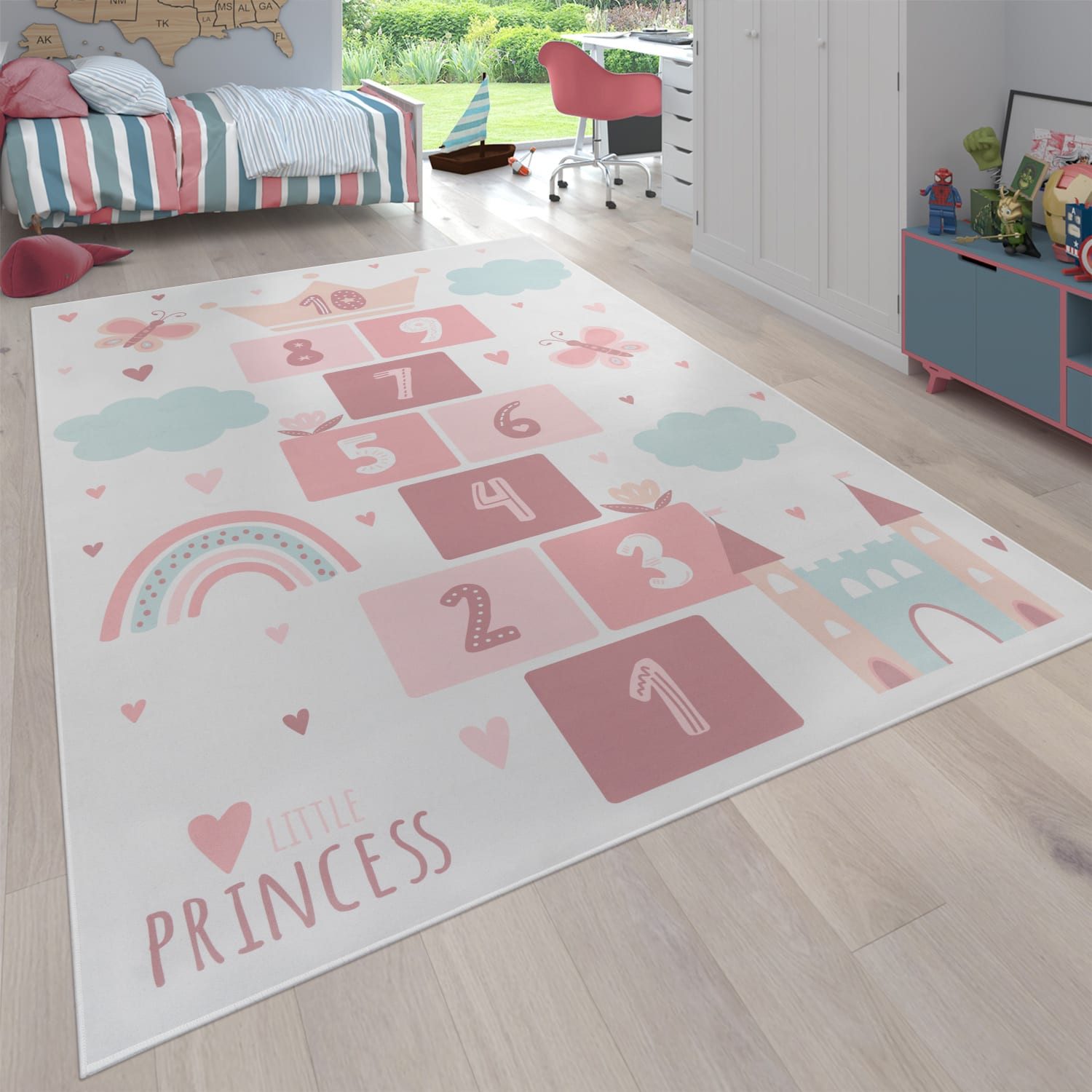 KADIMA DESIGN Kinderteppich waschmaschinenwaschbar Prinzessinnen‑Hüpfkästchen‑Muster Kinderteppich, Läufer, Höhe: 4 mm, 100% Polyester, Rücken aus Felt + Dots, Rechteckig, 80x150cm, Creme