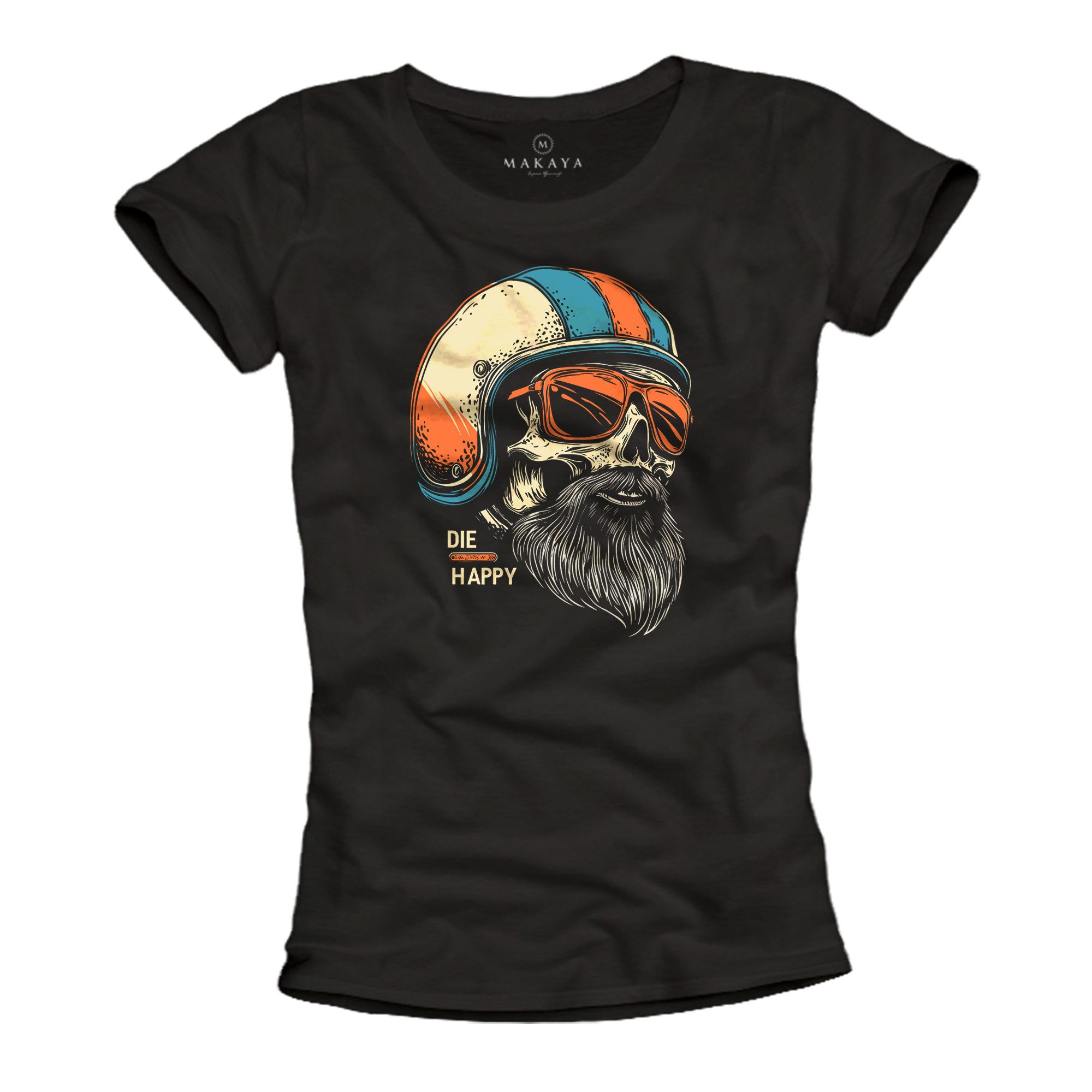 MAKAYA Print-Shirt Damenshirt mit Motorradhelm & Spruch – Rockiger Biker Look (Schwarz, S, M, L, XL) Baumwolle