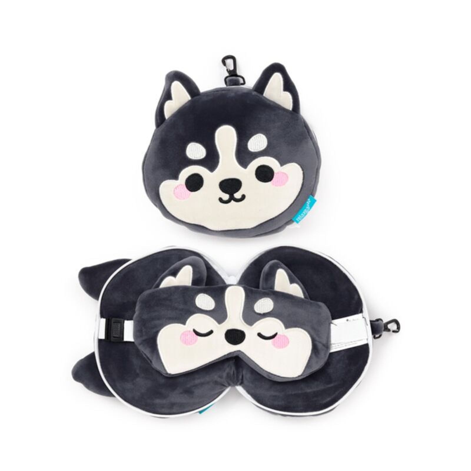 Puckator Reisekissen Relaxeazzz „Luna the Husky“, 2-in-1 Plüsch-Reisekissen mit integrierter Schlafmaske