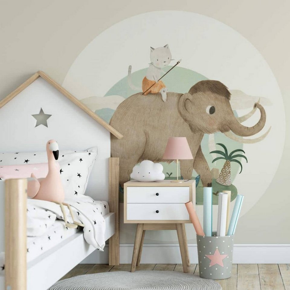 K&L Wall Art Fototapete Fototapete Loske Elefant und Katze Kinderzimmer  Vliestapete Rund Tapete, Mammut Tapete