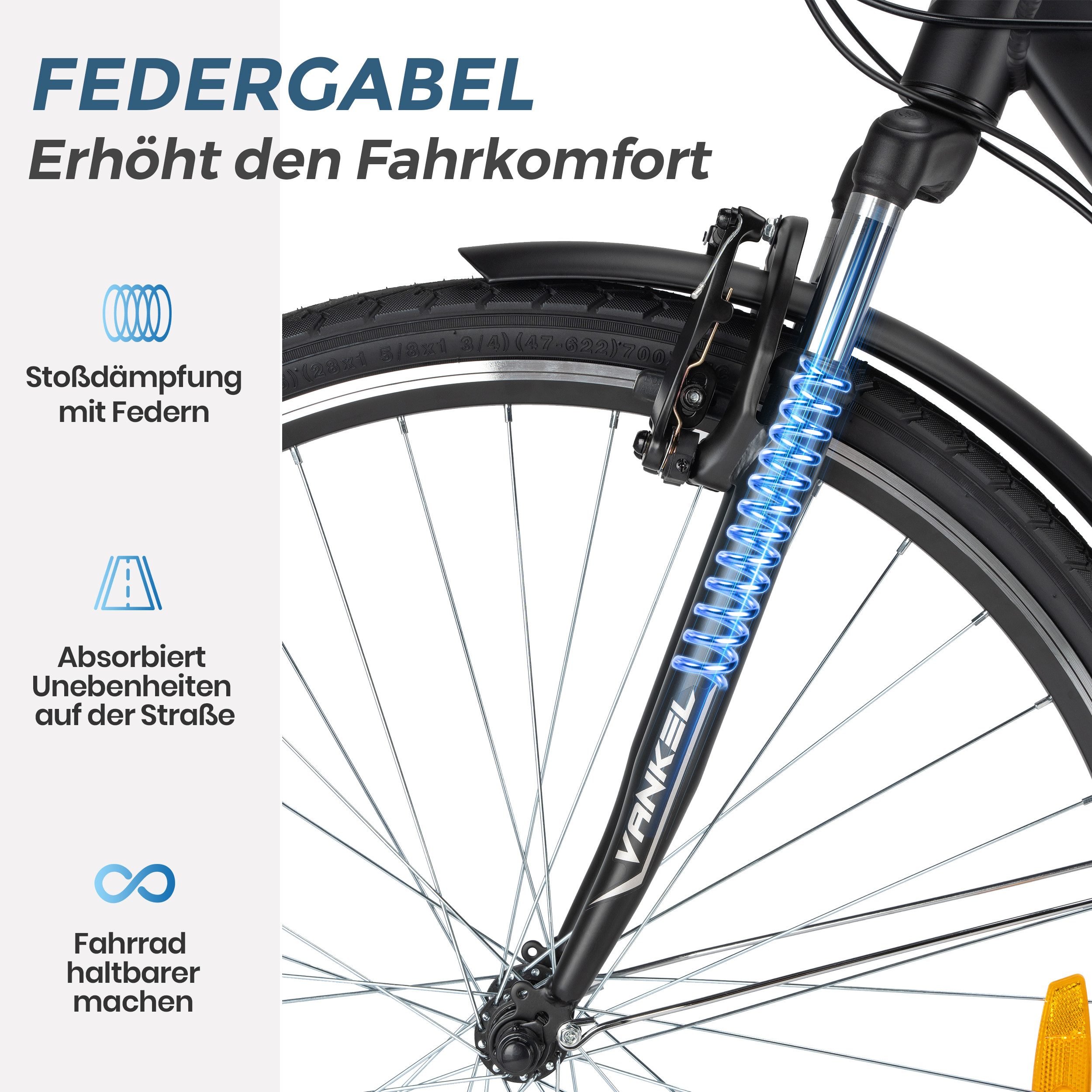 Vankel Mountainbike 28 Zoll, 3x7 Gänge, Aluminiumrahmen, Komfort-Federgabel, V-Bremse, 21 Gang, Kettenschaltung, Für Herren, City, Freizeit, Pendeln, Gepäckträger, Schutzbleche